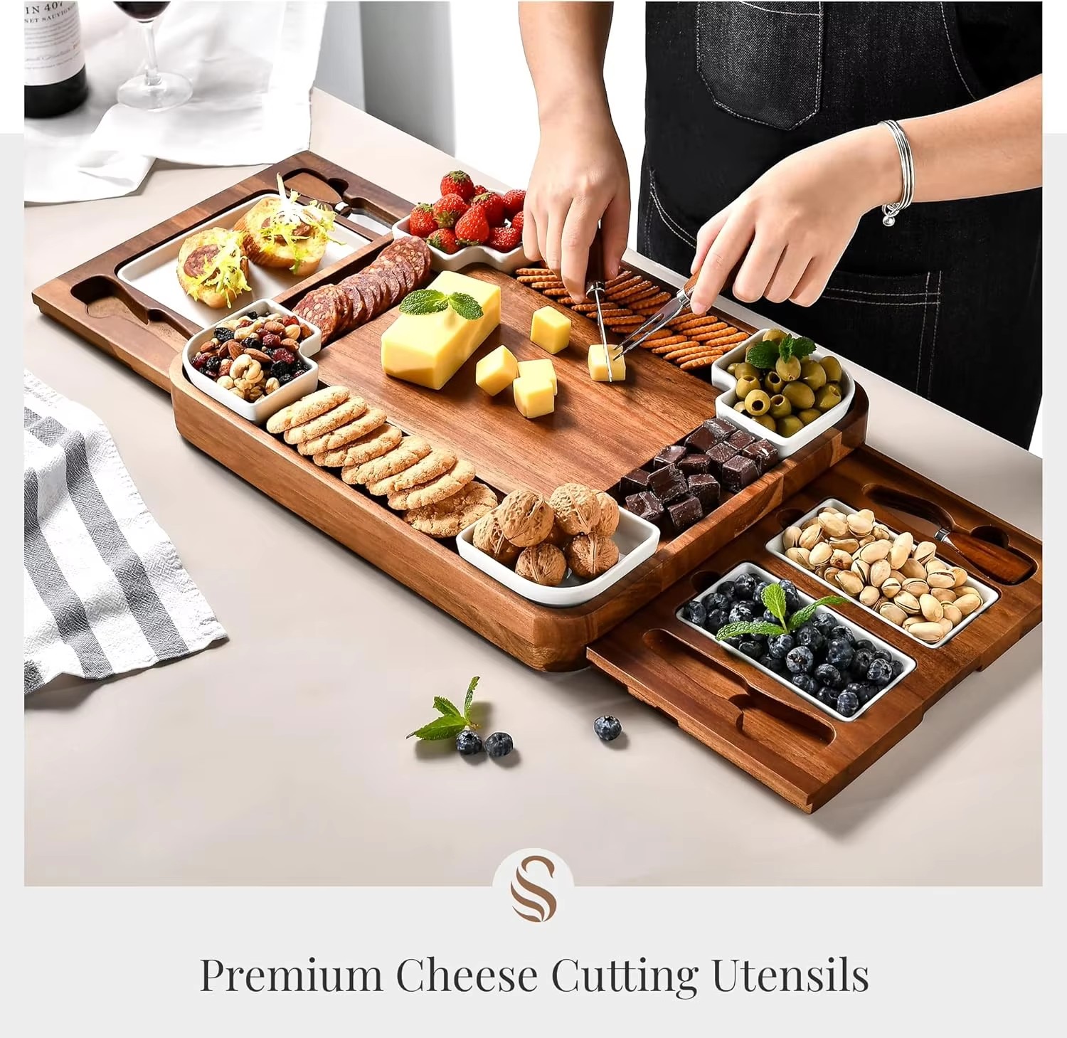 Multi-Compartment Serving Platter with Dishes & Utensils Charcuterie Board Cheese Platter Acacia Wood Cheese Board Set for Party details