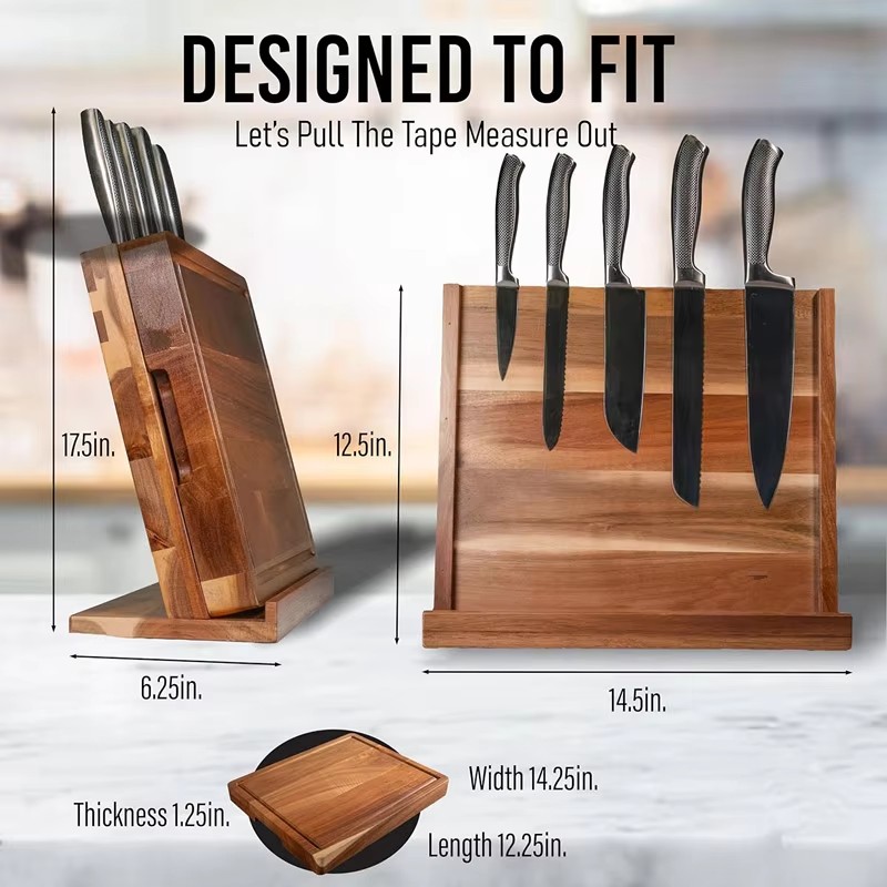2-in-1 Magnetic Large Acacia Wood Knife Block with Built-in Cutting Board Kitchen Countertop Organizer for Knives Chopping Board details