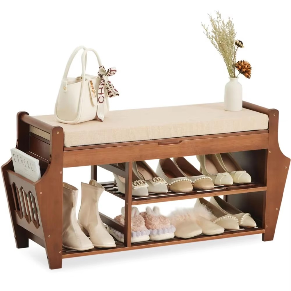3-Layer Bamboo Shoe Rack Concealed Drawer Storage Platform Cushion for Home Entry Living Room Multi-Purpose Shoe Organizer manufacture