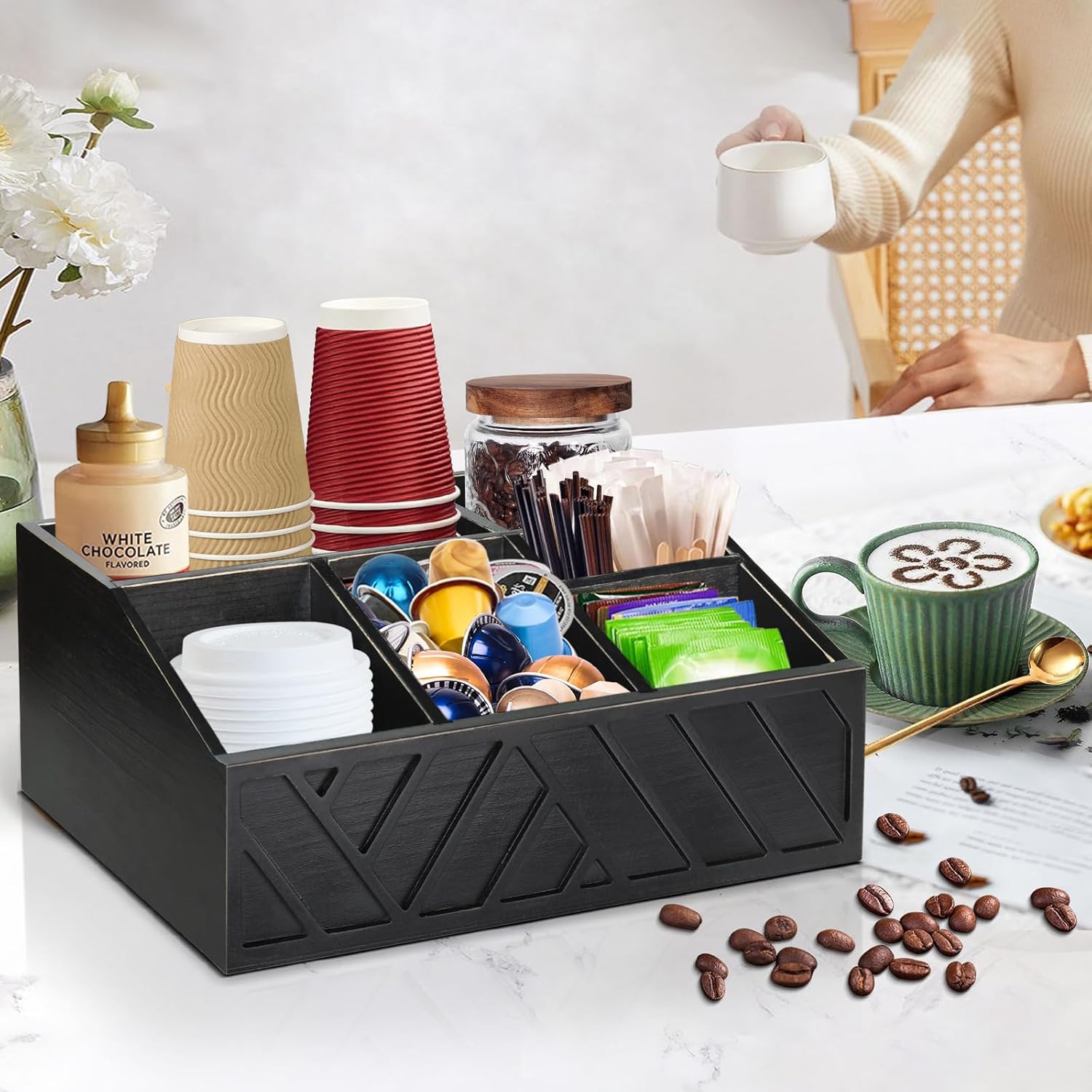 product counter coffee storage rack wooden coffee pod rack storage basket tea bag storage rack rustic style coffee bar accessories-16
