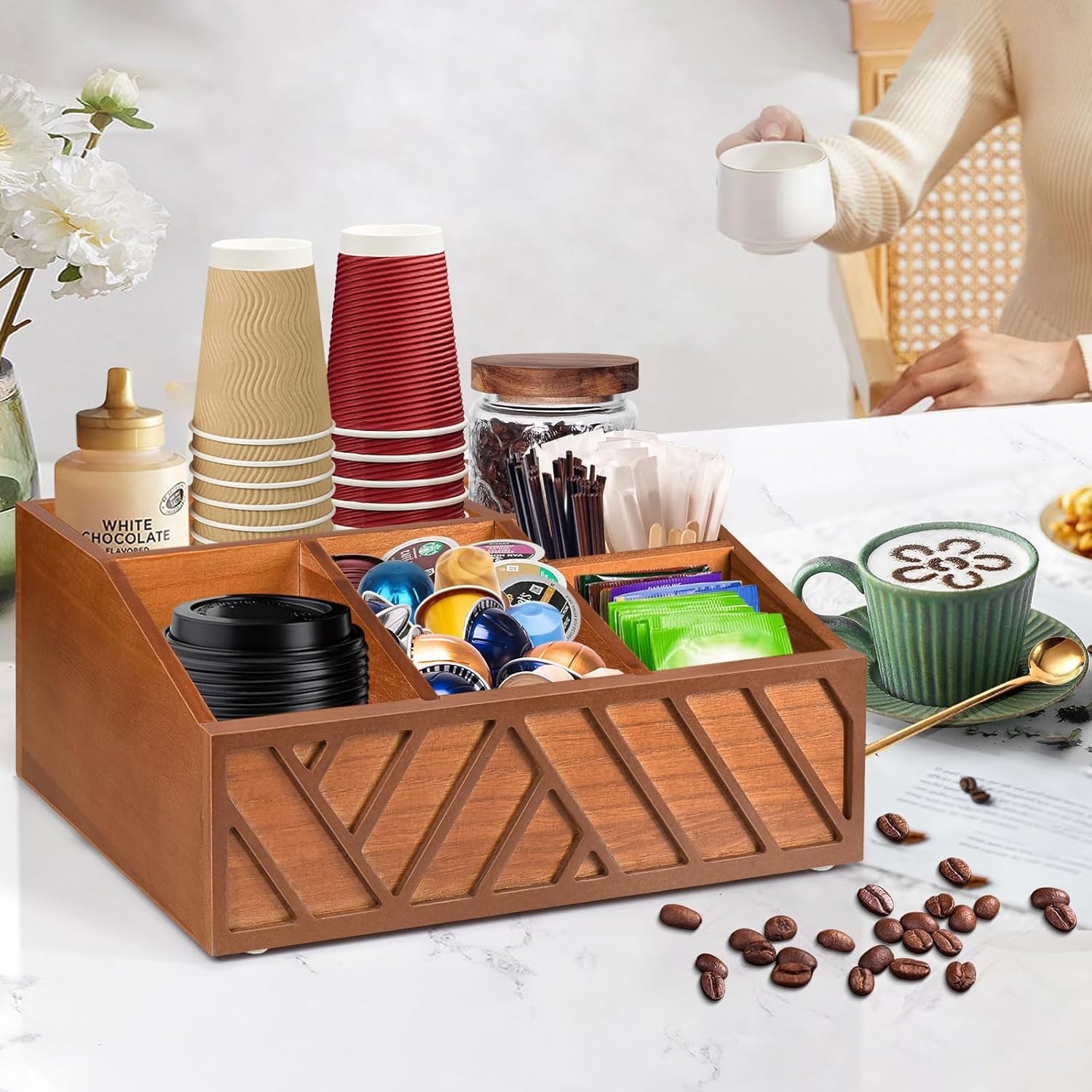 product counter coffee storage rack wooden coffee pod rack storage basket tea bag storage rack rustic style coffee bar accessories-17