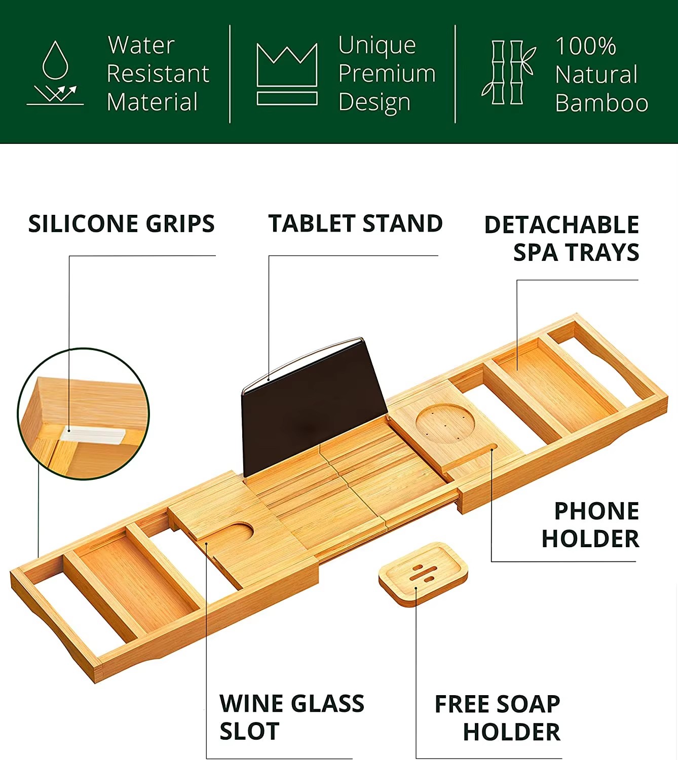 Luxury Bamboo Bath Tub Tray Table New Foldable Bathtub Caddy Tray with Extending Side for Household Bathroom or Home Storage details
