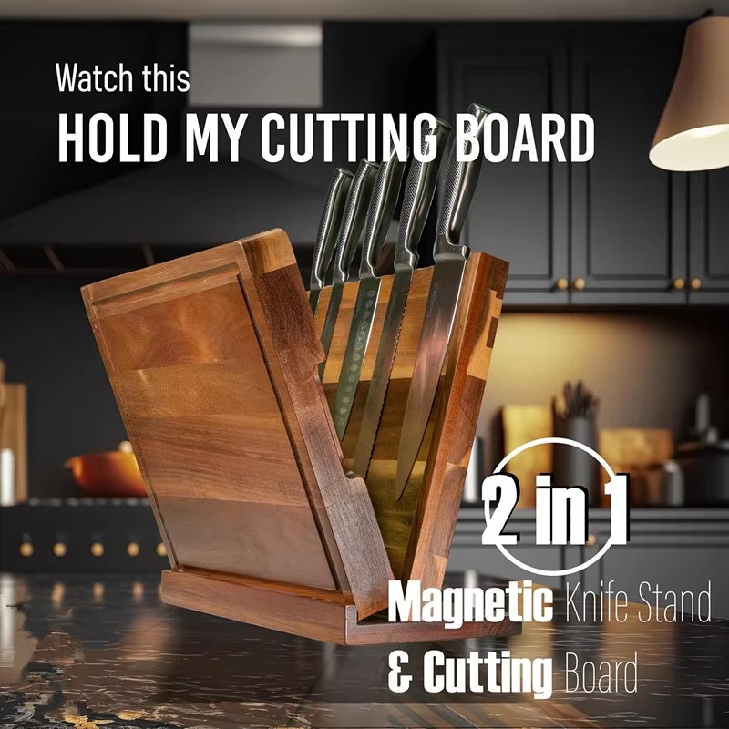 2-in-1 Magnetic Large Acacia Wood Knife Block with Built-in Cutting Board Kitchen Countertop Organizer for Knives Chopping Board supplier