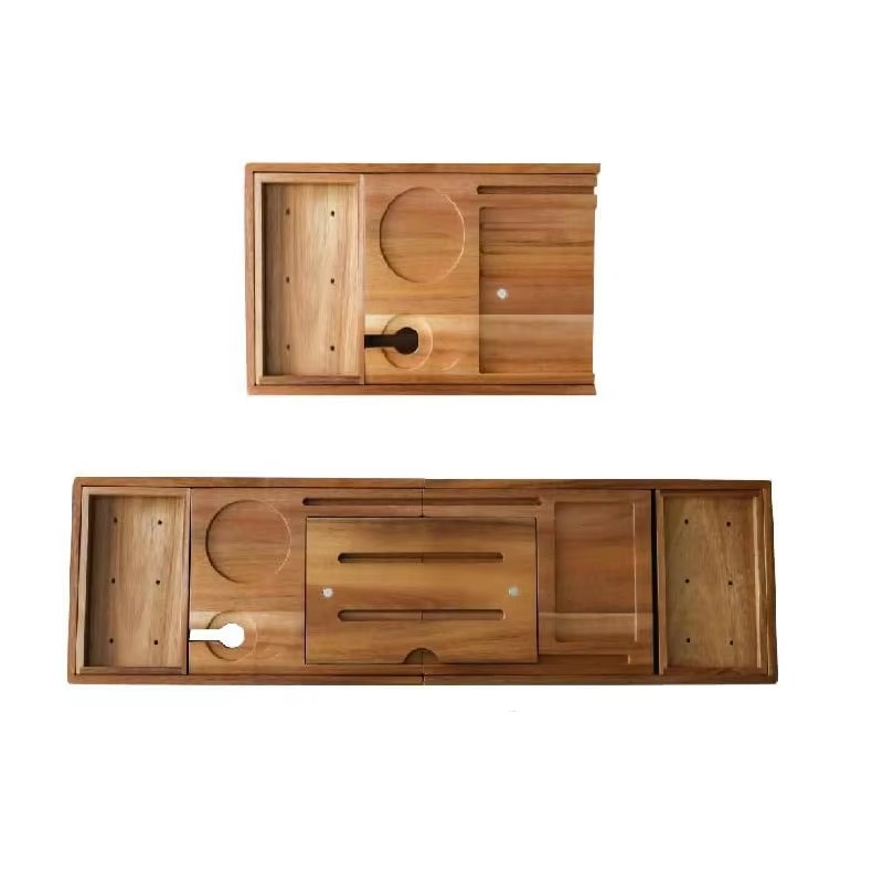 Elegant Acacia Wood Bathtub Caddy Extending Sides Double Cup Tablet Holder Wholesale Foldable Bath Tray for Home Bathroom Use details