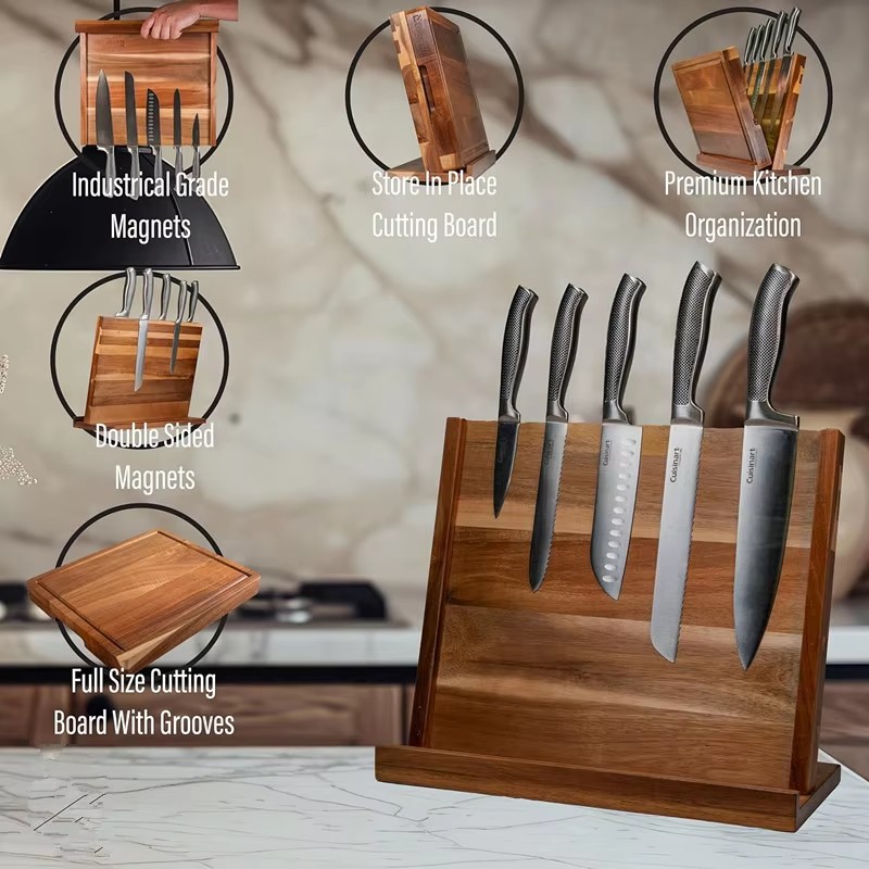 2-in-1 Magnetic Large Acacia Wood Knife Block with Built-in Cutting Board Kitchen Countertop Organizer for Knives Chopping Board details