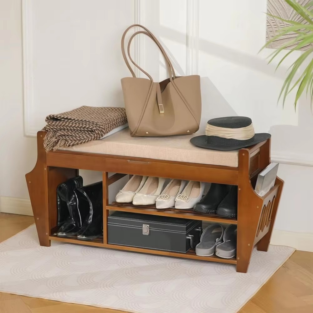 3-Layer Bamboo Shoe Rack Concealed Drawer Storage Platform Cushion for Home Entry Living Room Multi-Purpose Shoe Organizer manufacture