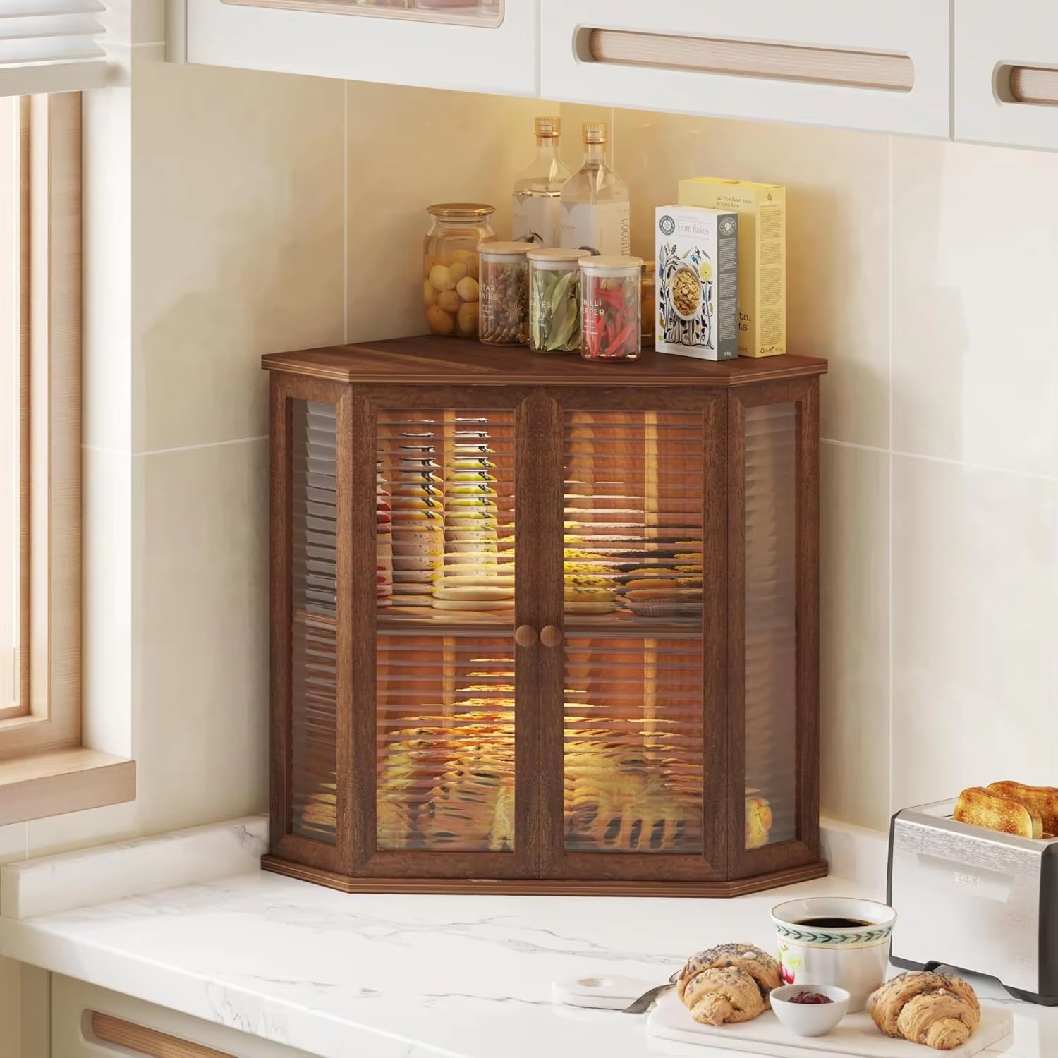 product wholesale 2 layers acacia wood lacquer finish eco friendly food storage container corner bread box large capacity for kitchen-9