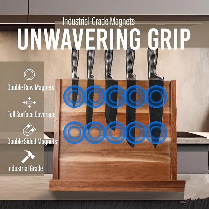 2-in-1 Magnetic Large Acacia Wood Knife Block with Built-in Cutting Board Kitchen Countertop Organizer for Knives Chopping Board details