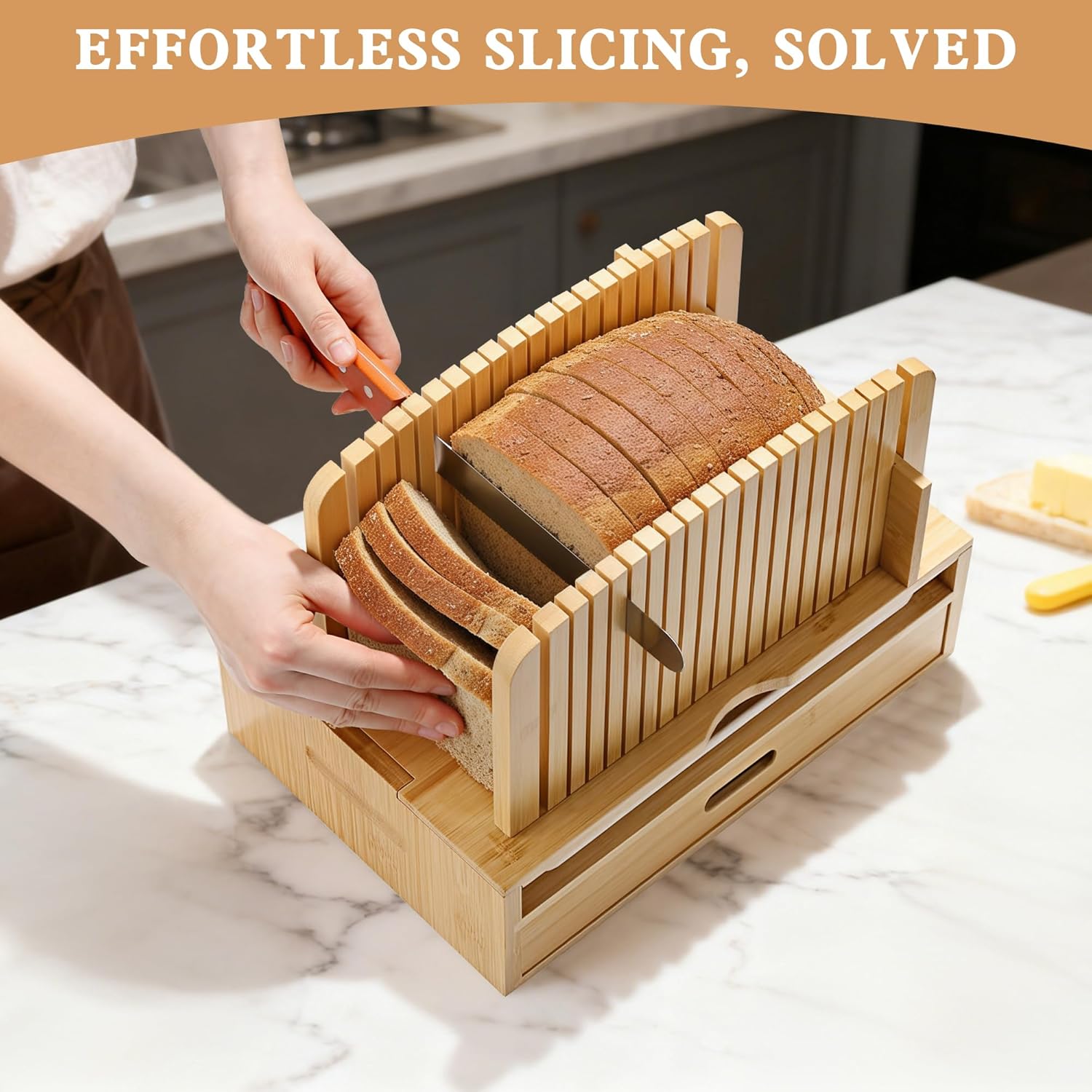 product wholesale homemade bread loaf adjustable foldable space saving with crumb tray bamboo bread slicer guide bread cutter-6