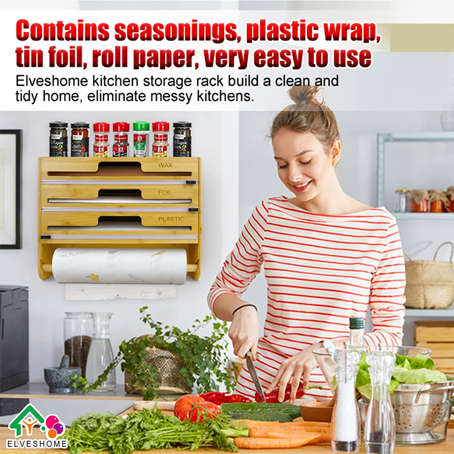 4-in-1 Bamboo Wrap Dispenser with Cutter & Spice Rack Wall Mount/Countertop Foil Plastic Wax Paper Organizer for Kitchen Storage factory