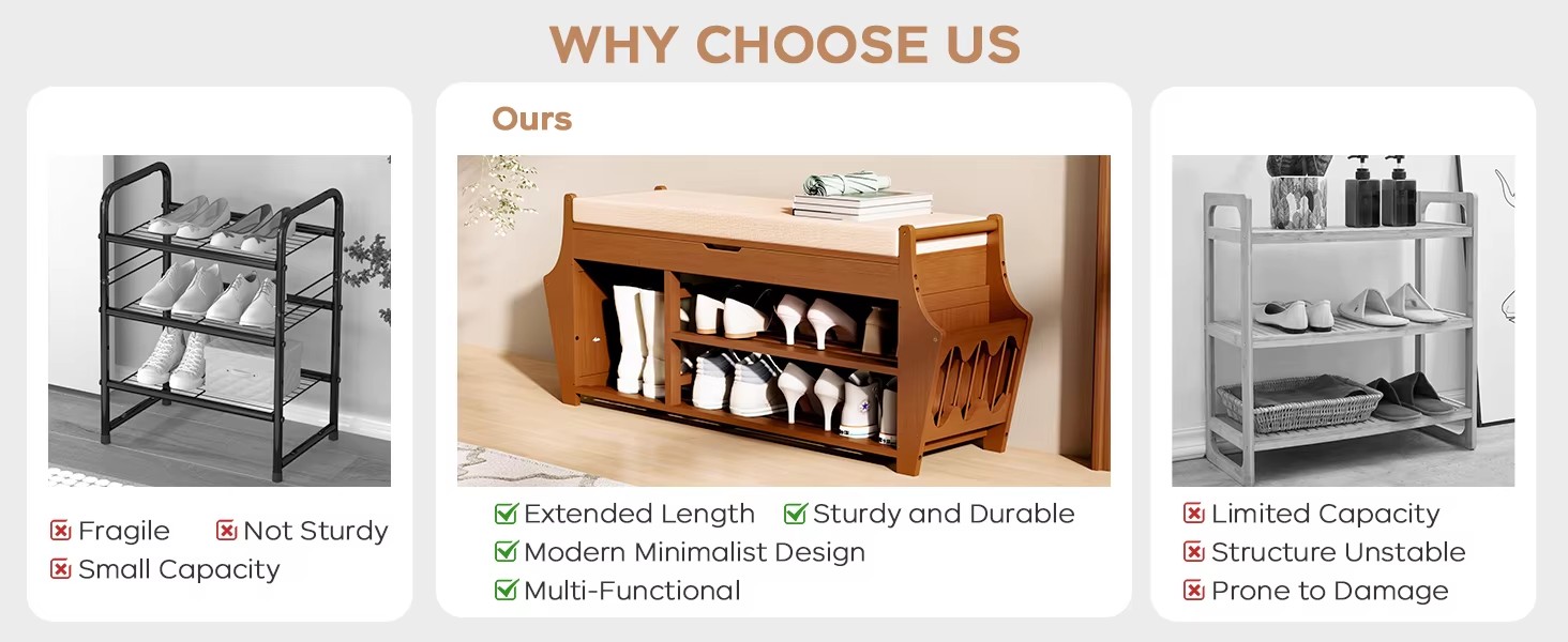 3-Layer Bamboo Shoe Rack Concealed Drawer Storage Platform Cushion for Home Entry Living Room Multi-Purpose Shoe Organizer factory