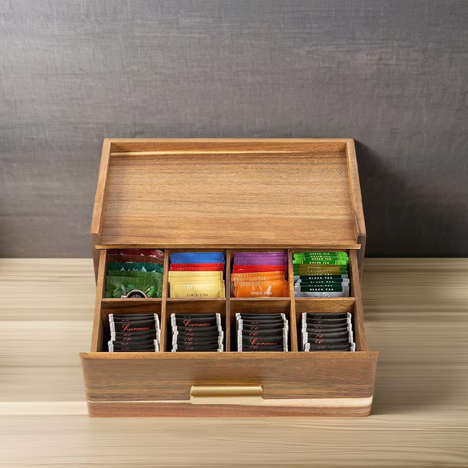 ZC Custom Wooden Tea Storage Organizer Multifunctional Tea Organizer with Drawer Tea Station Storage Box for Home & Office factory