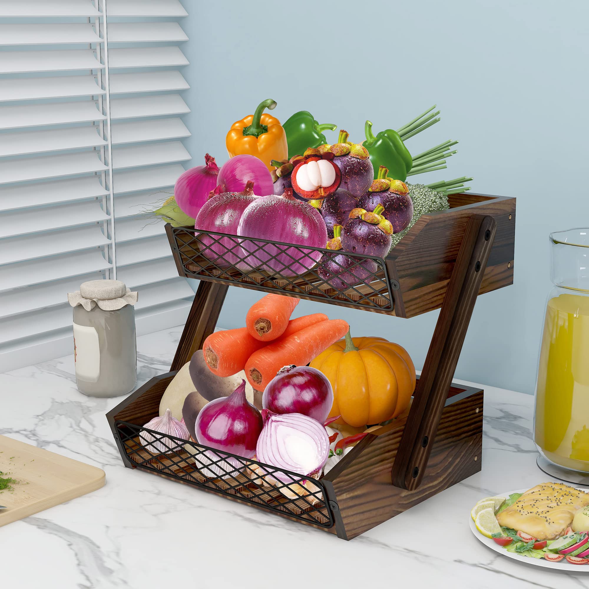 product custom 2 tier wooden fruit basket stand kitchen countertop produce storage organizer for vegetables snacks-4
