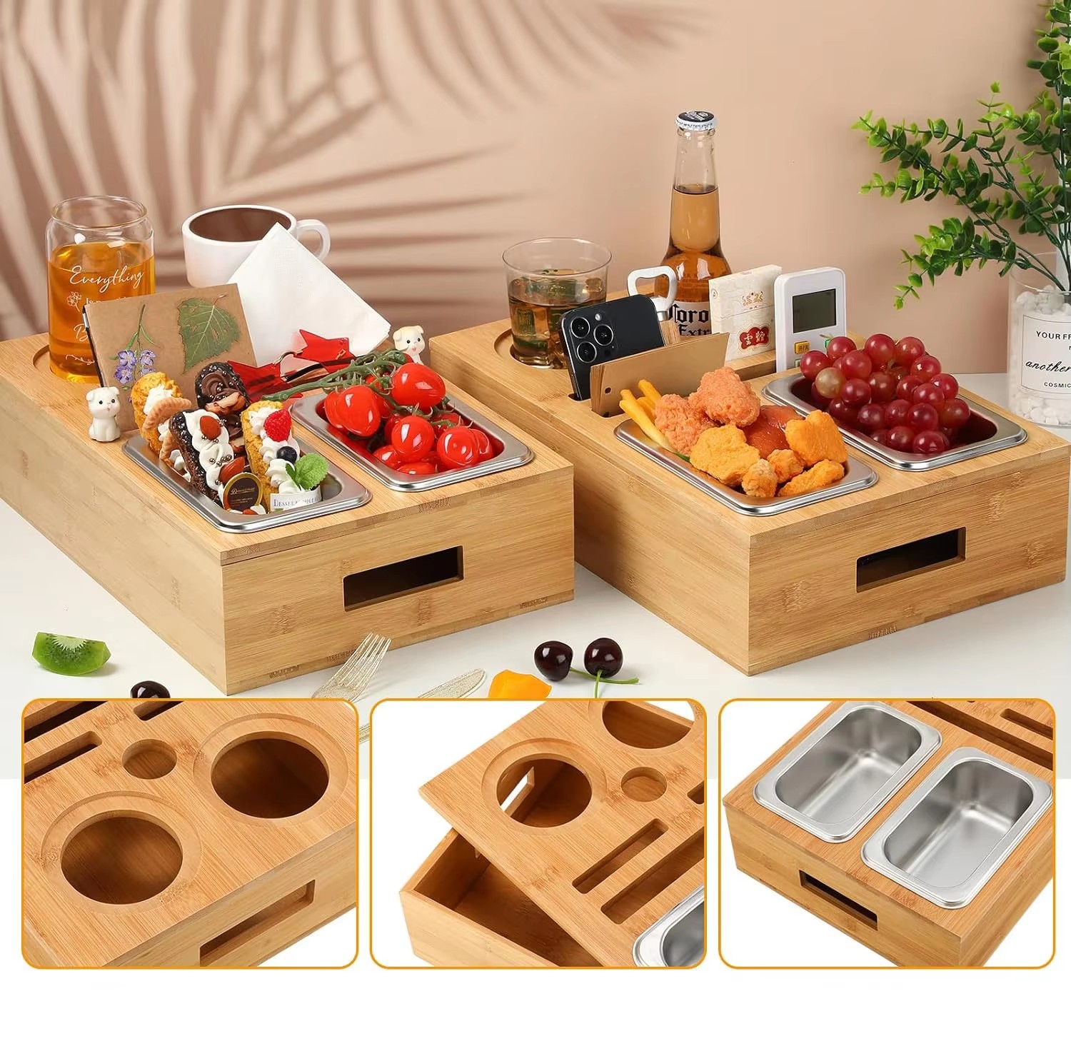 Wholesale 2025 Hot Selling Bamboo Sofa Snack Caddy TV Tray with 2 Red Wine Glass Holder Bed Snack Tray Couch Cup Holder supplier