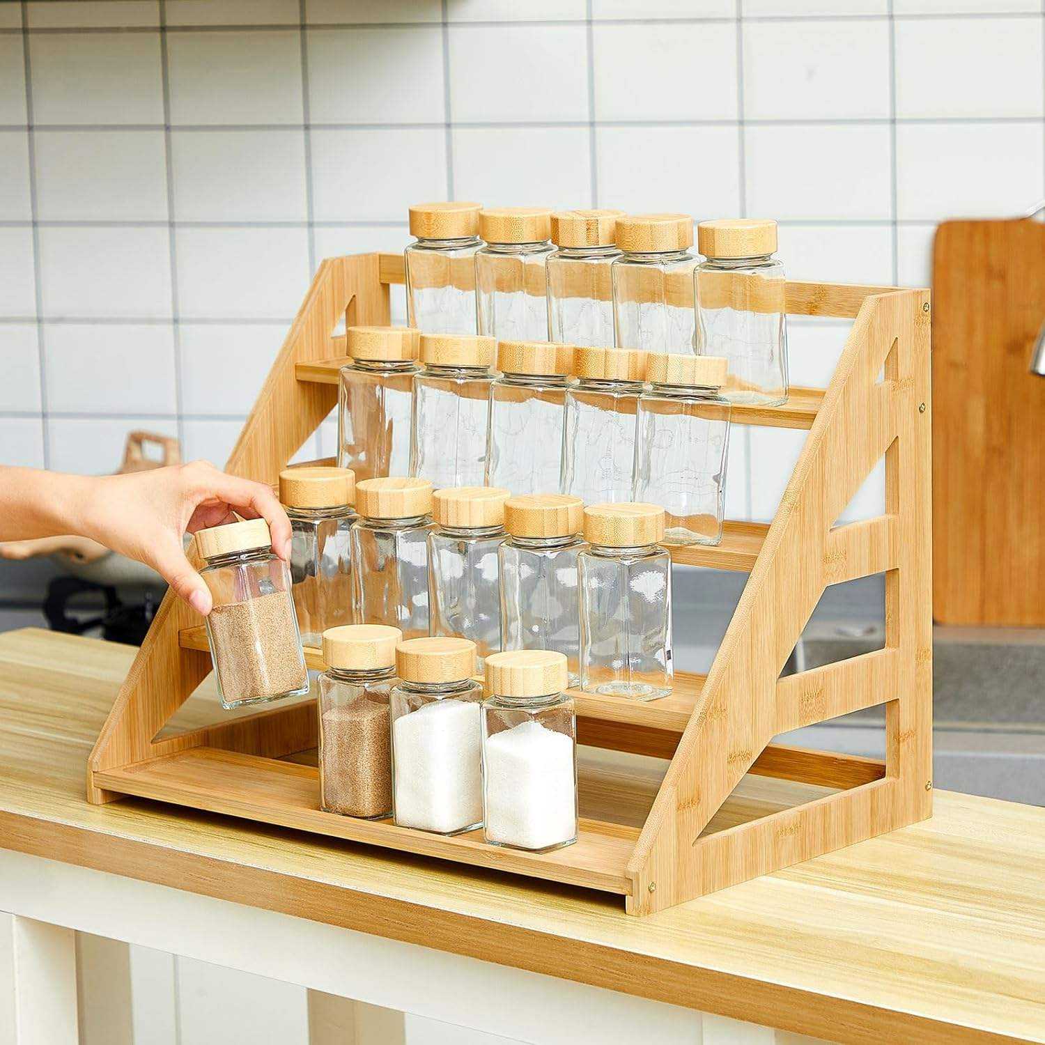 2025 New Arrivals Kitchen Cabinet Organizers Eco-friendly Bamboo Seasonings Organizer 5 Tiers Spice Rack for Countertop Pantry details