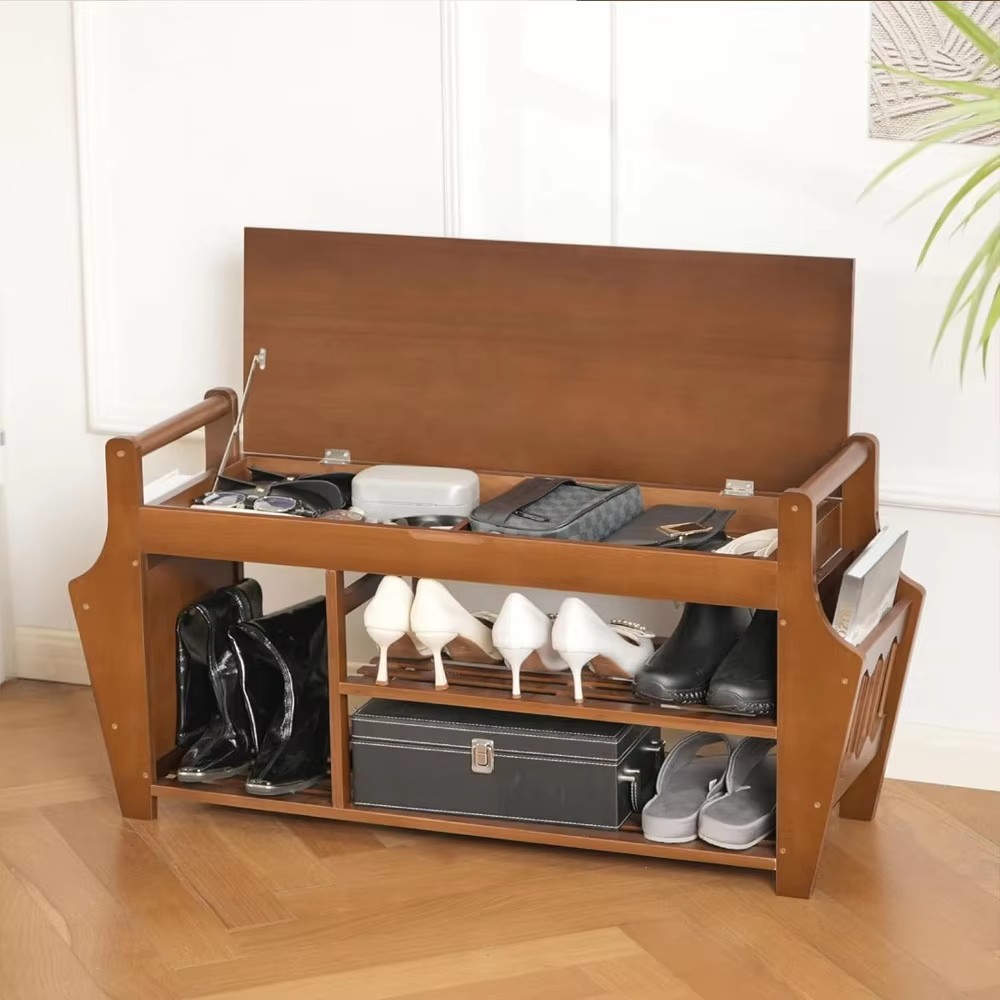 3-Layer Bamboo Shoe Rack Concealed Drawer Storage Platform Cushion for Home Entry Living Room Multi-Purpose Shoe Organizer details