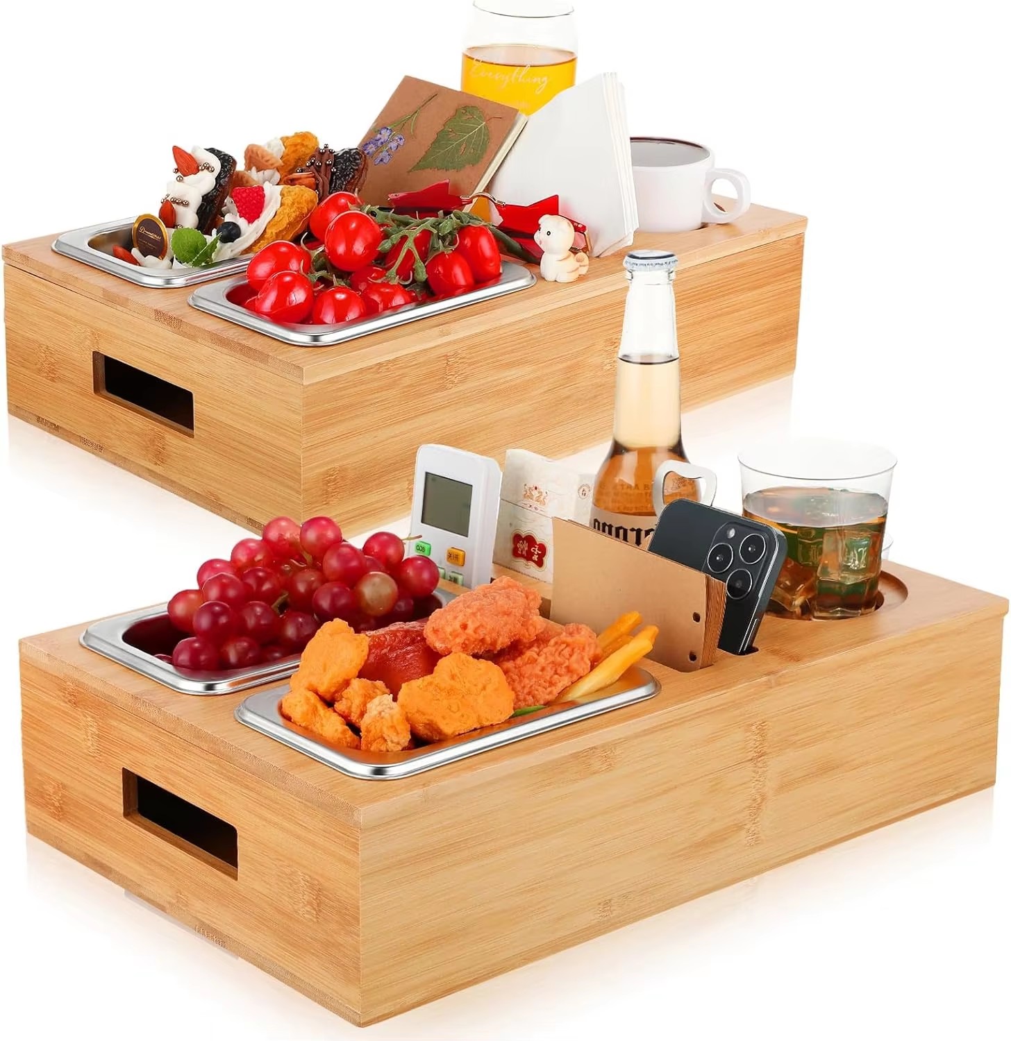 Wholesale 2025 Hot Selling Bamboo Sofa Snack Caddy TV Tray with 2 Red Wine Glass Holder Bed Snack Tray Couch Cup Holder factory