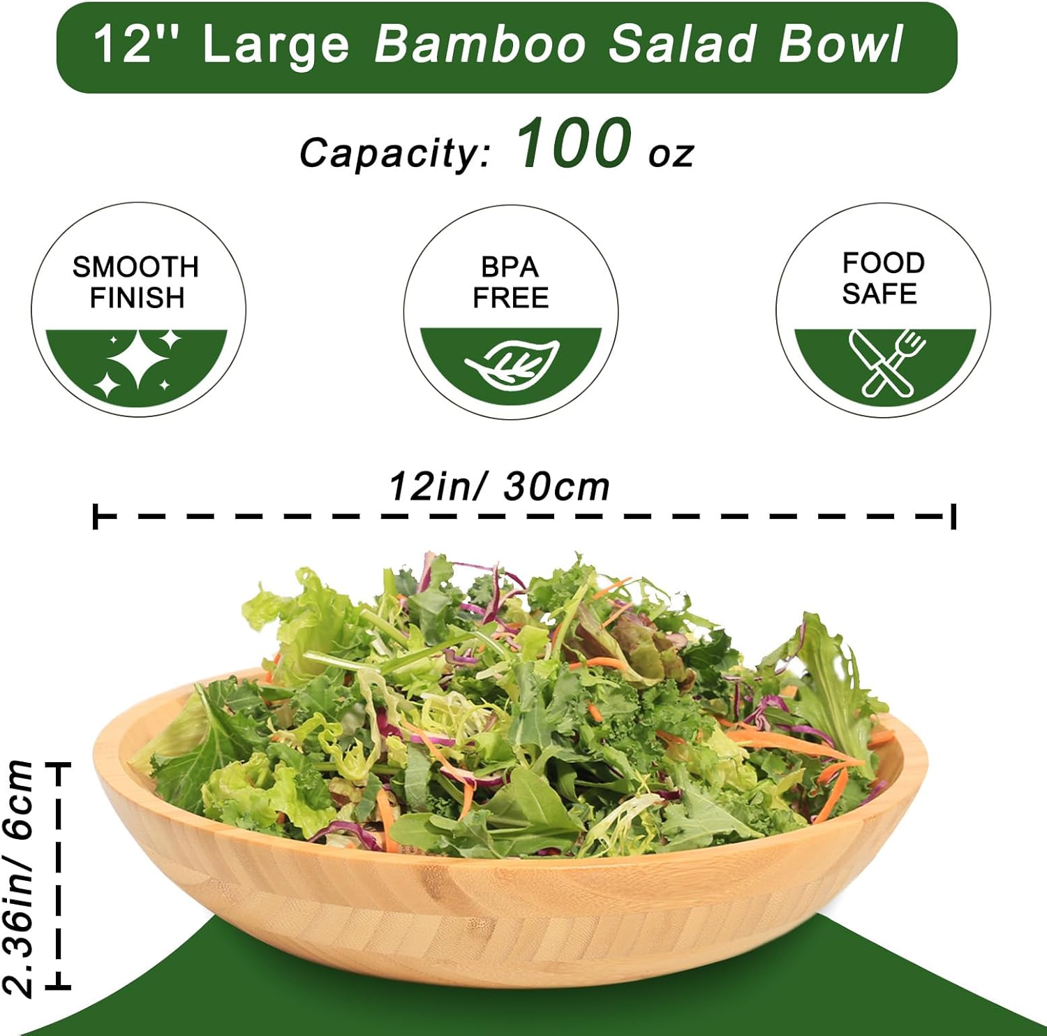 product large 12 bamboo salad bowl 100 oz kitchen counter wooden serving bowls for fruit farmhouse decorative dish home-2