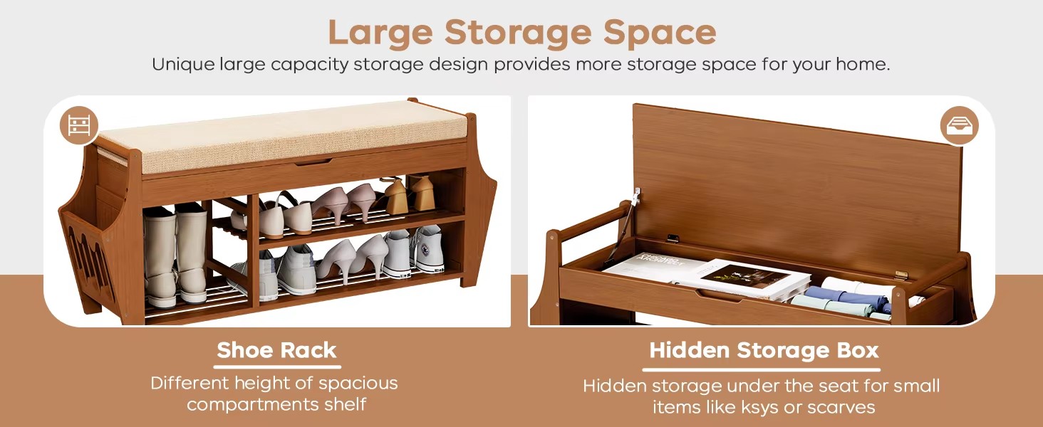 3-Layer Bamboo Shoe Rack Concealed Drawer Storage Platform Cushion for Home Entry Living Room Multi-Purpose Shoe Organizer details
