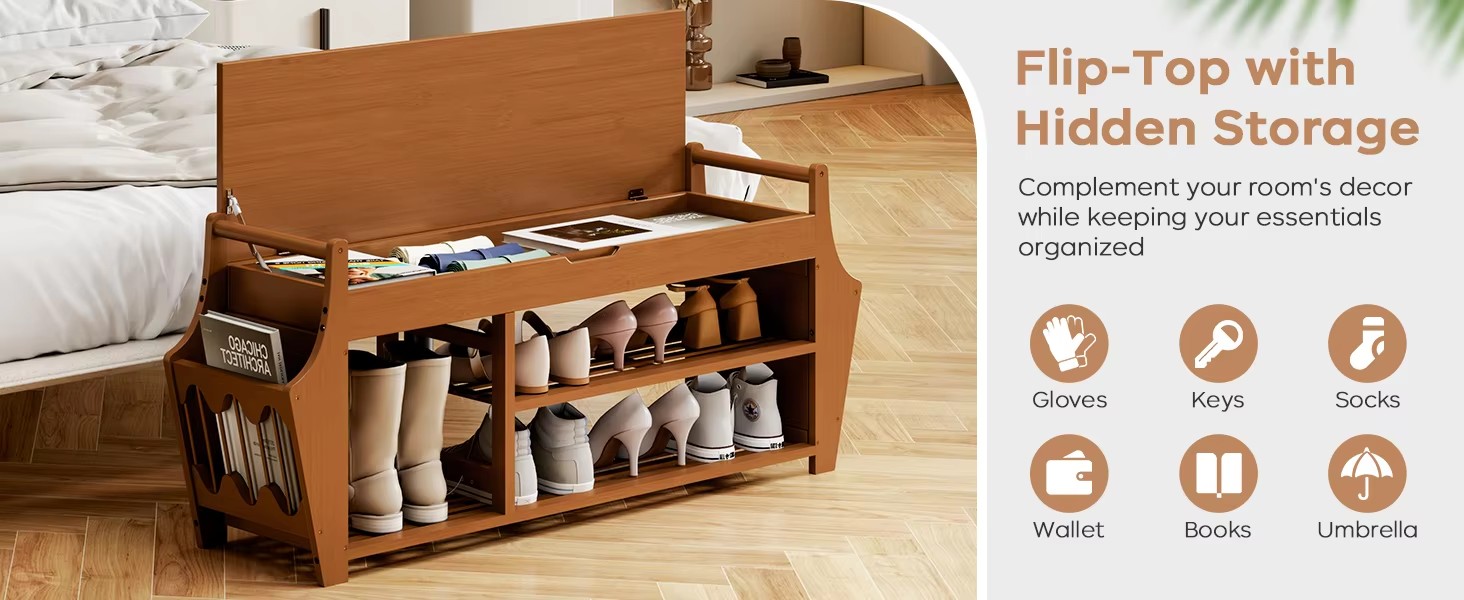 3-Layer Bamboo Shoe Rack Concealed Drawer Storage Platform Cushion for Home Entry Living Room Multi-Purpose Shoe Organizer manufacture