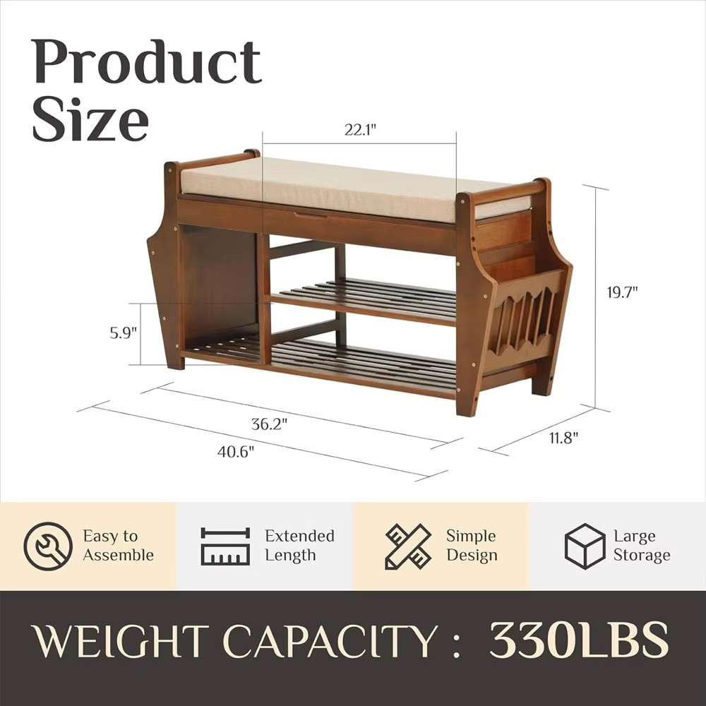 3-Layer Bamboo Shoe Rack Concealed Drawer Storage Platform Cushion for Home Entry Living Room Multi-Purpose Shoe Organizer factory