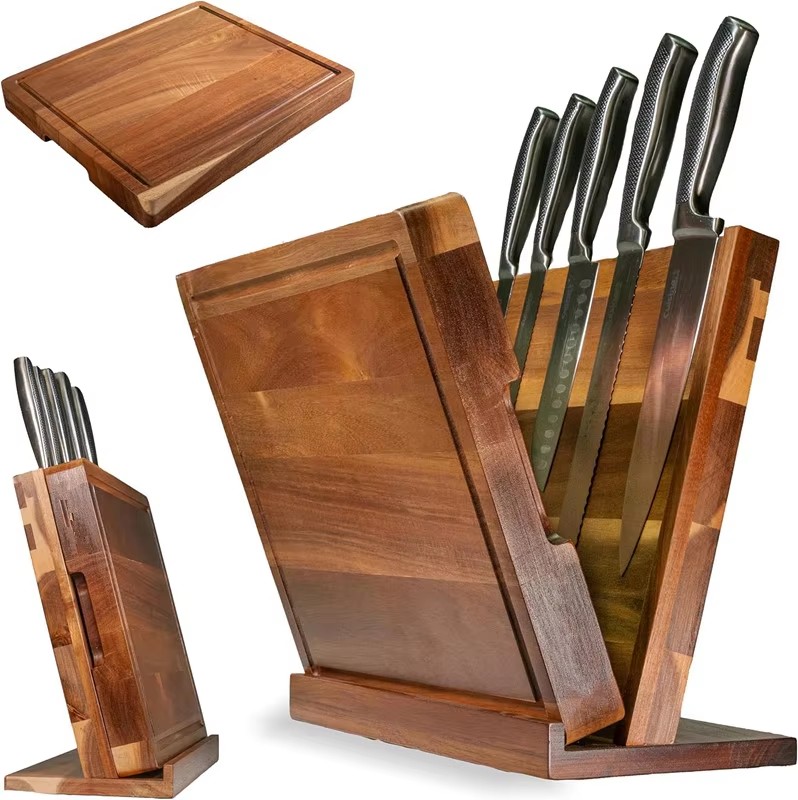 2-in-1 Magnetic Large Acacia Wood Knife Block with Built-in Cutting Board Kitchen Countertop Organizer for Knives Chopping Board supplier
