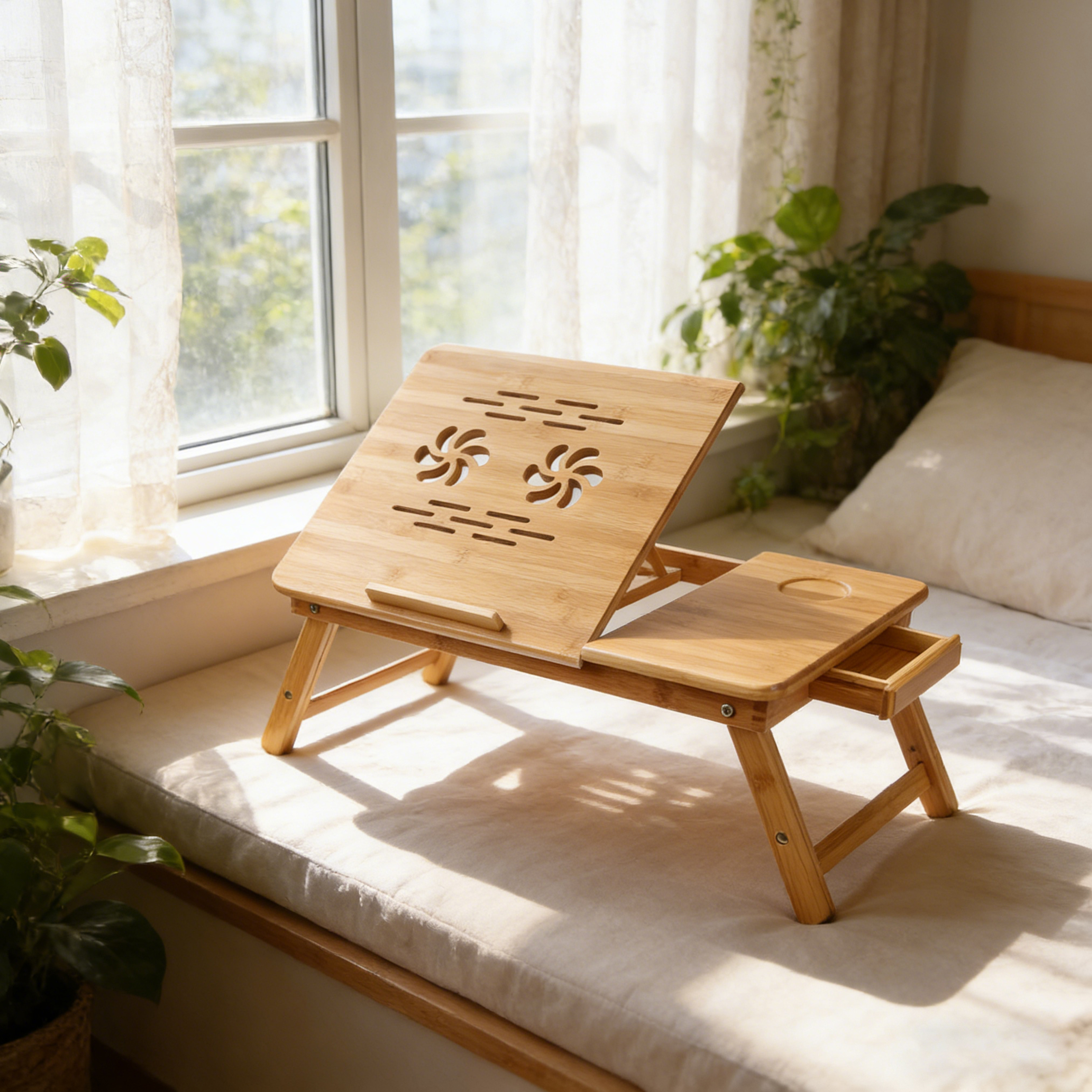 product bamboo foldable laptop desk adjustable laptop table with cup holder drawer portable lap desk for bed couch laptop stand-3