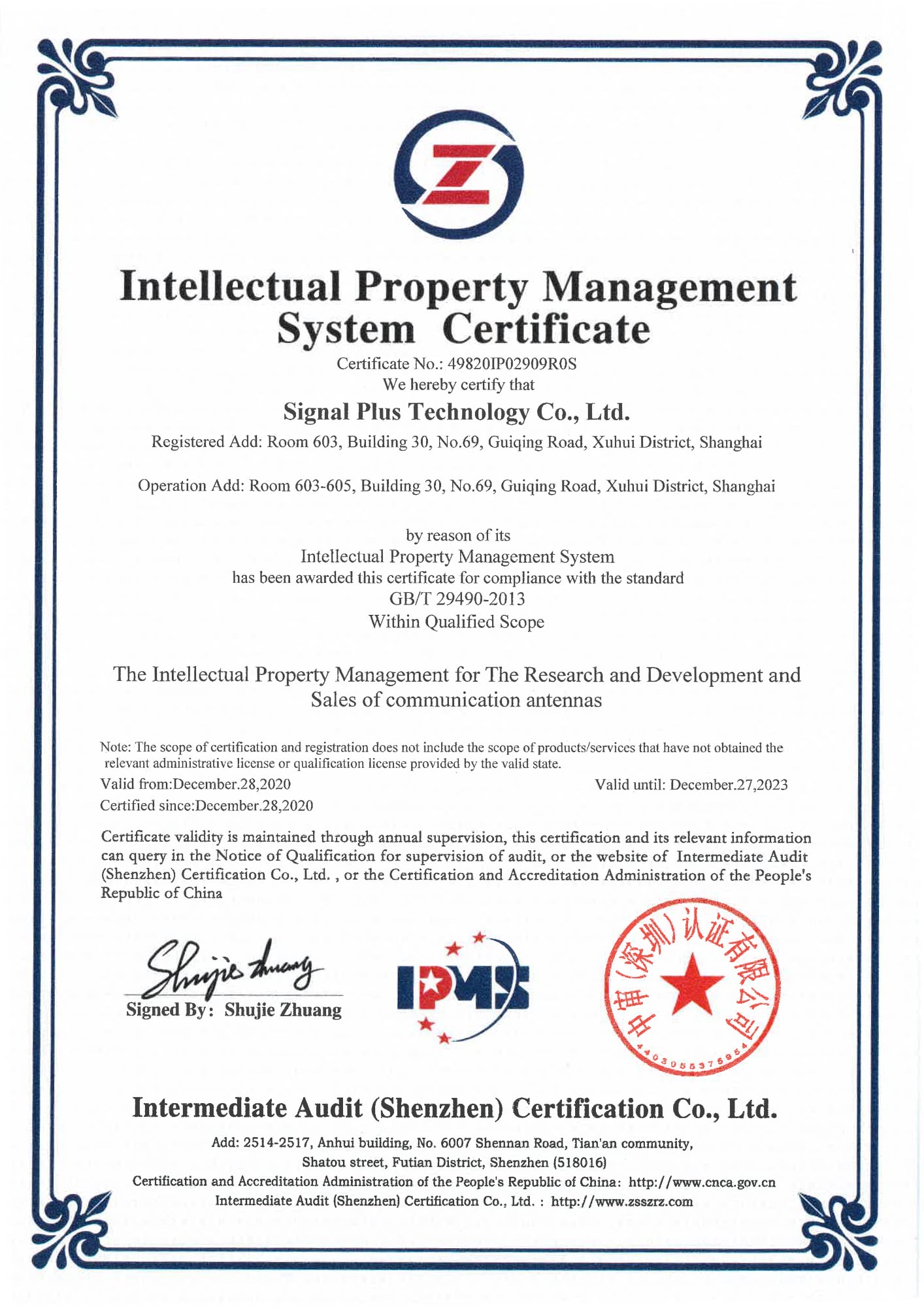 Standardization: Intellectual Property Certification System Certificate