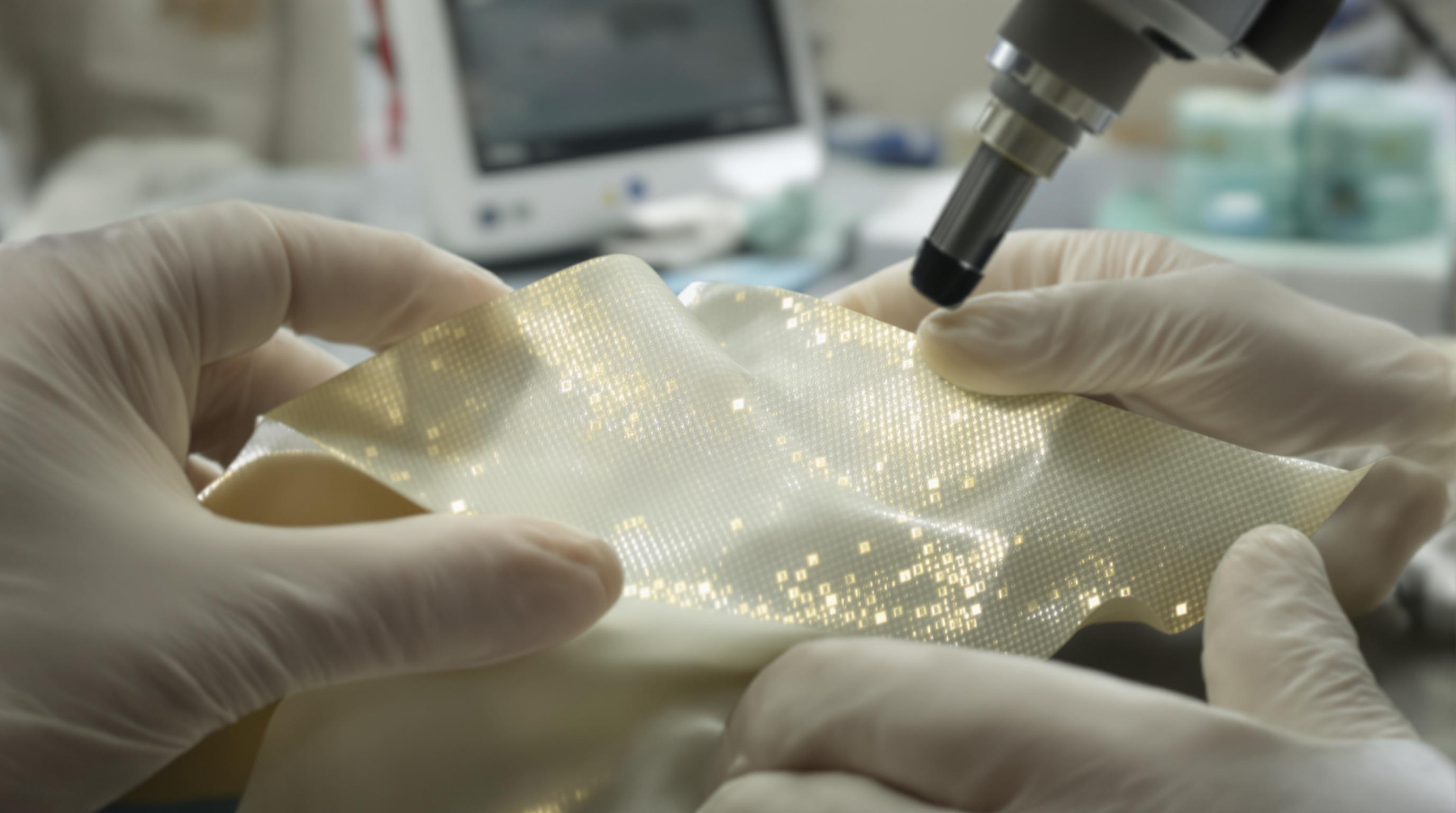 Scientists inspecting sustainable bite-resistant textiles with embedded sensors and nanofibers in a modern lab