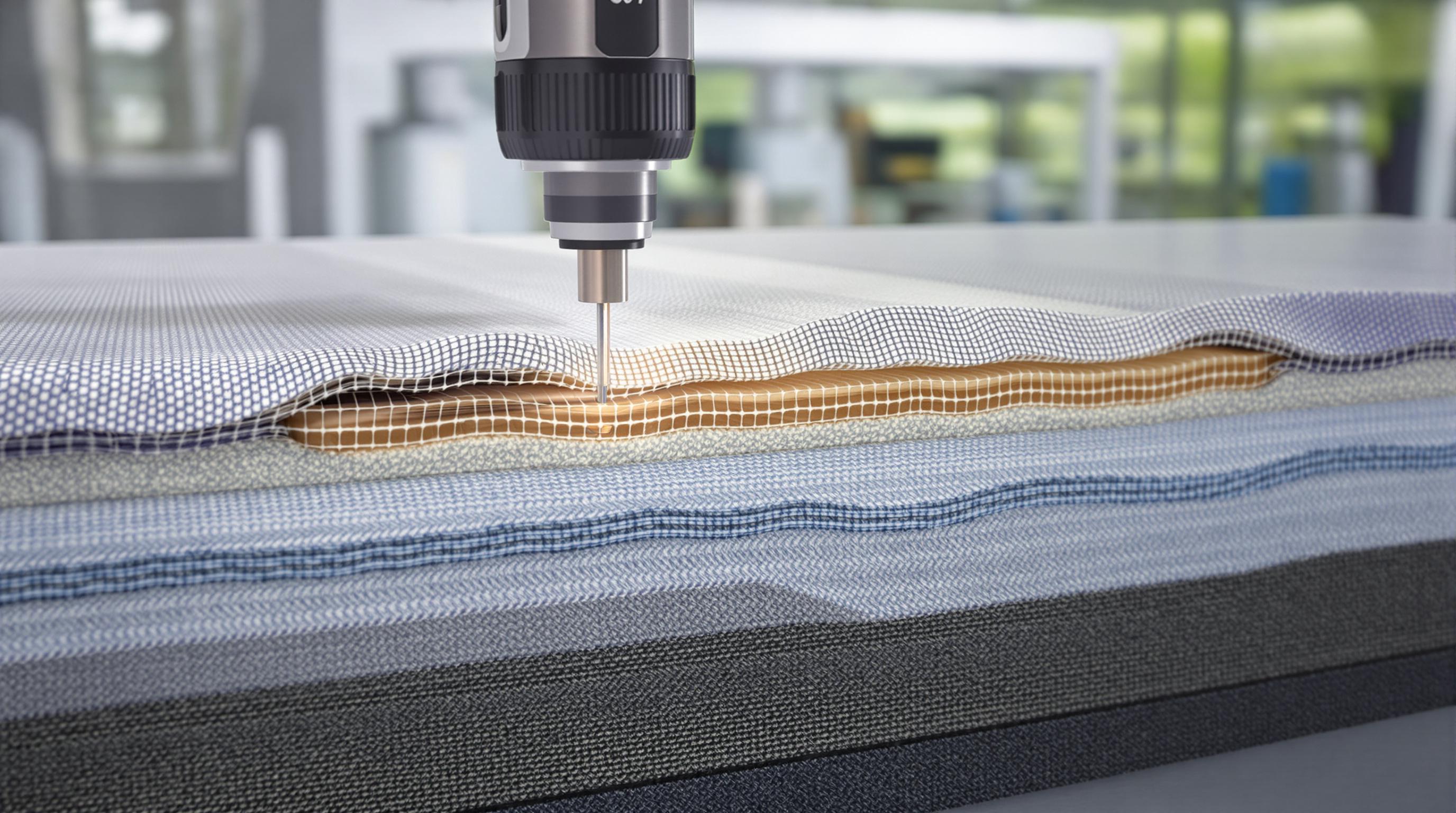 Close-up of multi-layered bite-resistant fabric being tested for puncture resistance in a laboratory