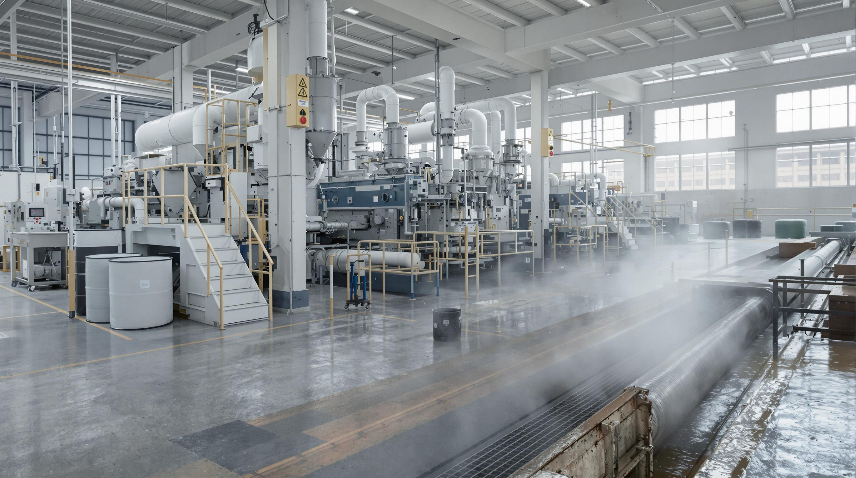 Industrial textile plant producing aramid fibers with visible machines and waste byproducts
