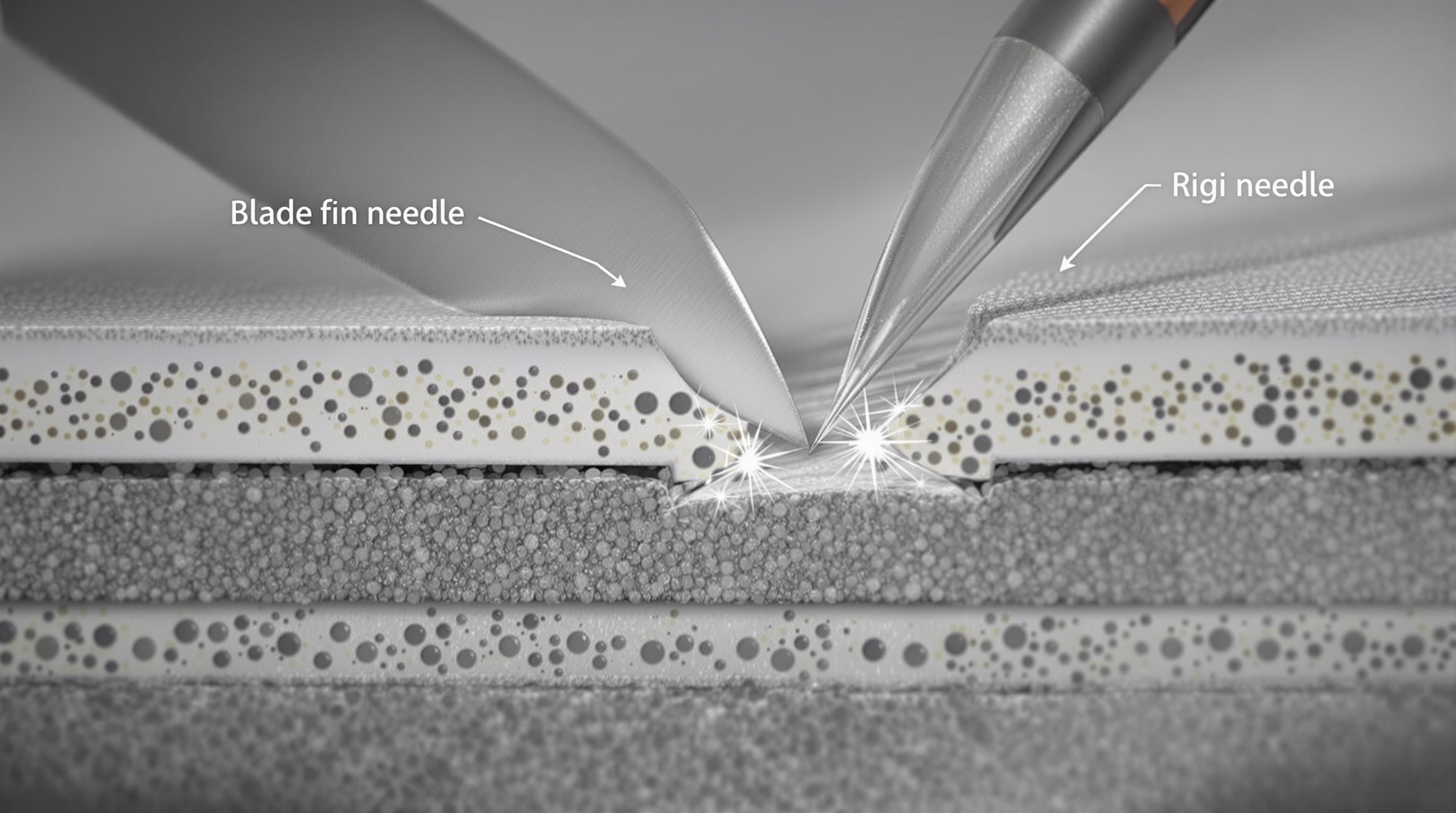 Photorealistic cross-section of protective fabric repelling a blade and needle, showing hard particles in soft material