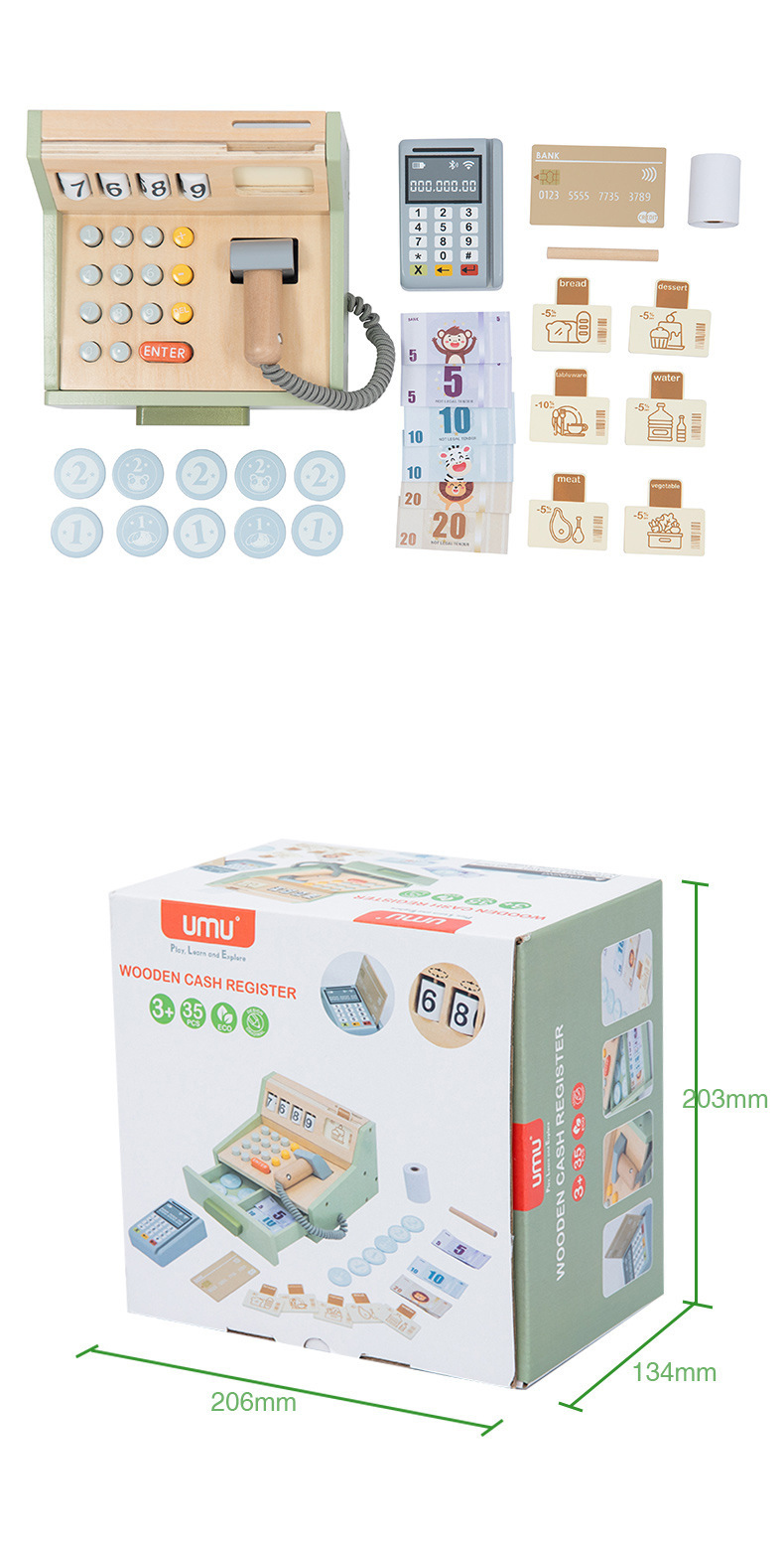Kids Role Play Supermarket Cashier Toddler Wooden Cash Register Toy Wooden Educational mathematics learning Toy for 1 year baby factory