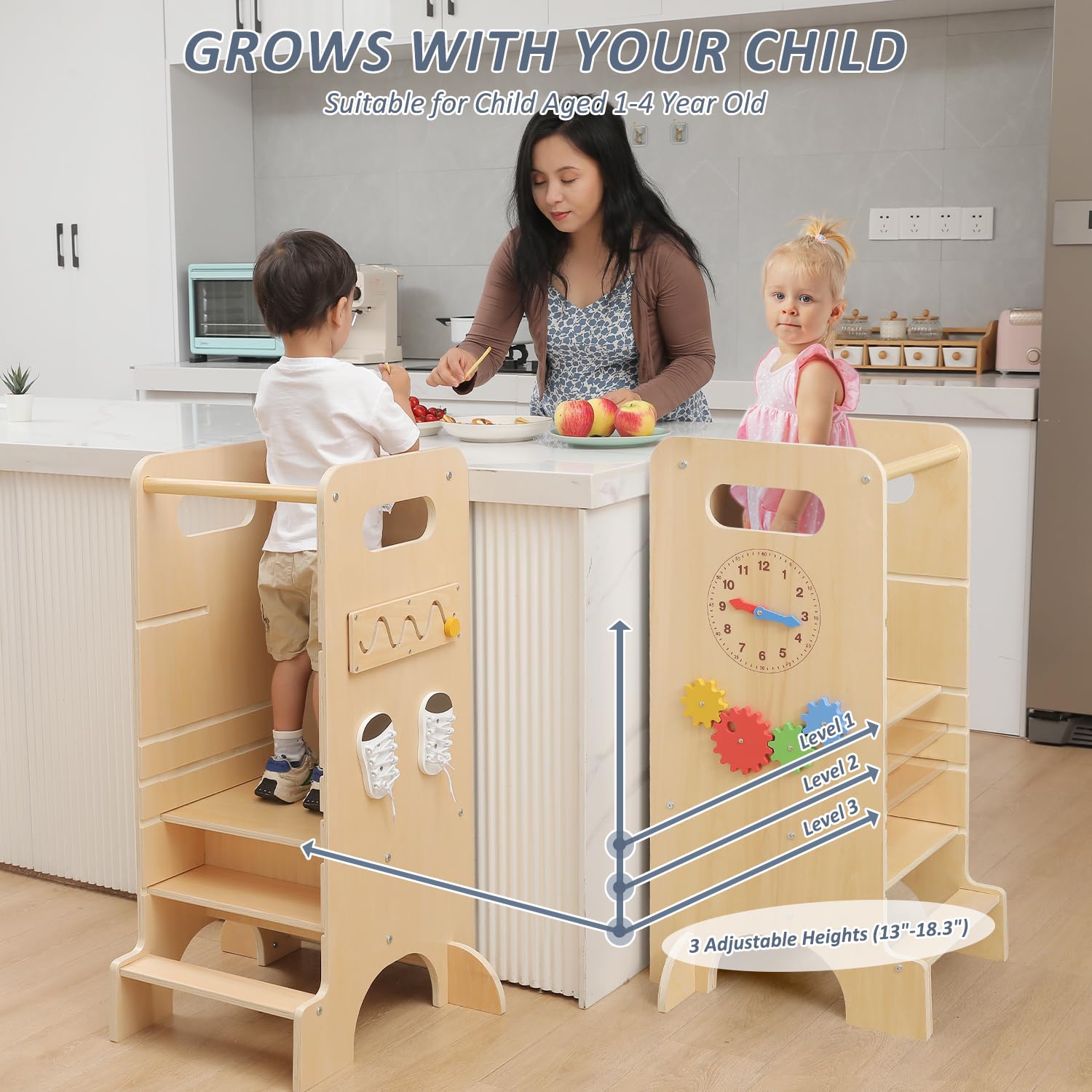 4 in 1 Toddler Kitchen Stool Helper Baby Learning Tower Wooden Montessori Kids Learning Tower details