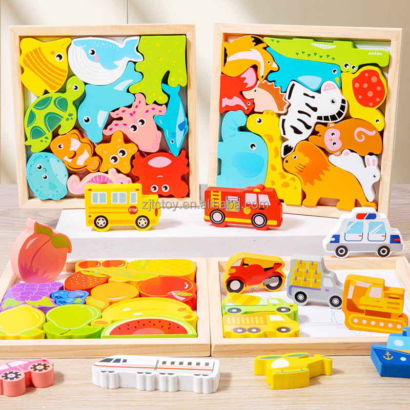 3D Wooden Puzzles Cartoon Animals Kids Cognitive Jigsaw Puzzle Wooden Toys for Children Baby Puzzle Toy Games manufacture