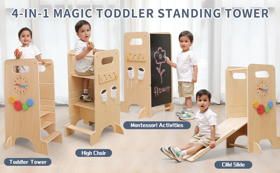 4 in 1 Toddler Kitchen Stool Helper Baby Learning Tower Wooden Montessori Kids Learning Tower factory