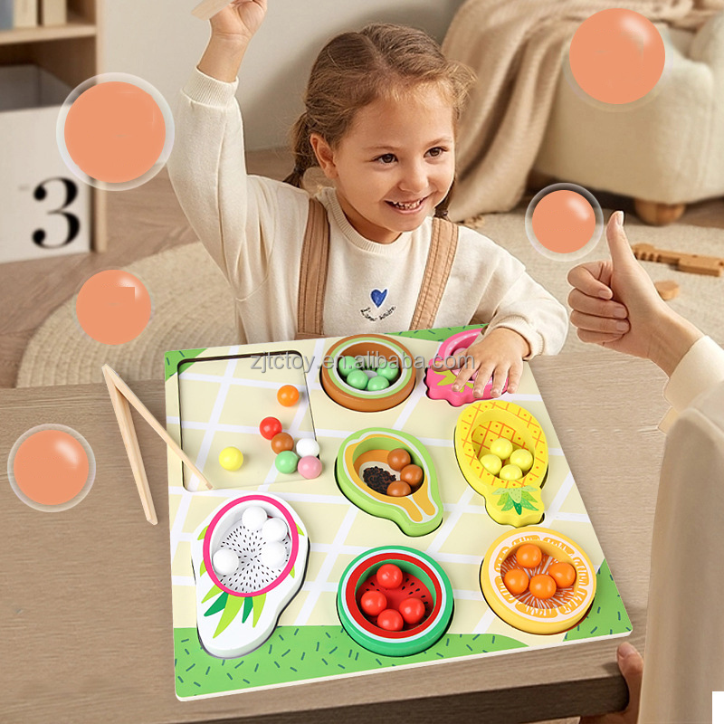 Unisex Montessori Wooden Education Toy CPC CE Certified Fruit Cognitive Matching Puzzle Game Color Sorting Clip Beads for Kids manufacture