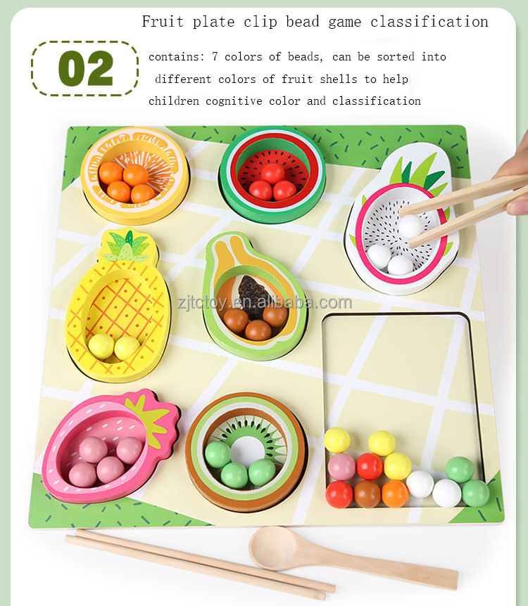 Unisex Montessori Wooden Education Toy CPC CE Certified Fruit Cognitive Matching Puzzle Game Color Sorting Clip Beads for Kids details