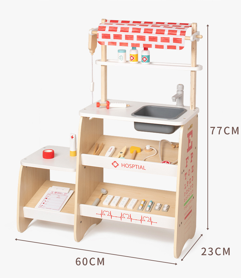 Wooden Simulation Medical Clinic Stand Children's Role Pretend Play Wooden Doctor Toy Set Educational For Kids details