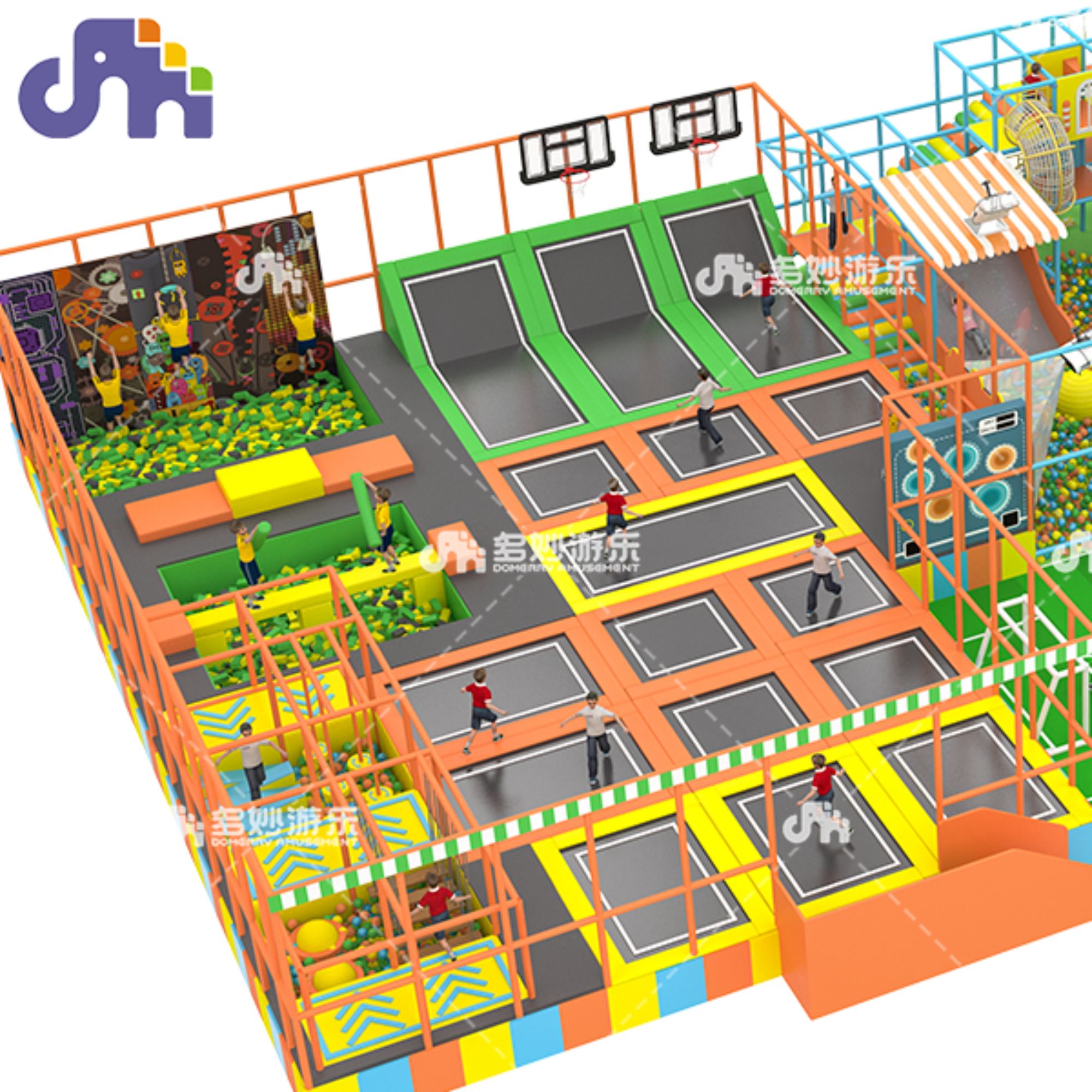 Stainless Steel Indoor Trampoline Park with Protective Net Jumping Gym for Kids and Adults