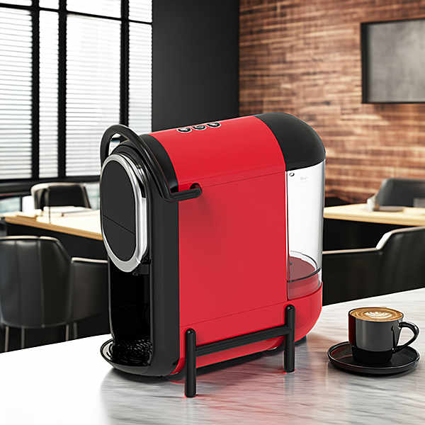 A sleek red coffee maker