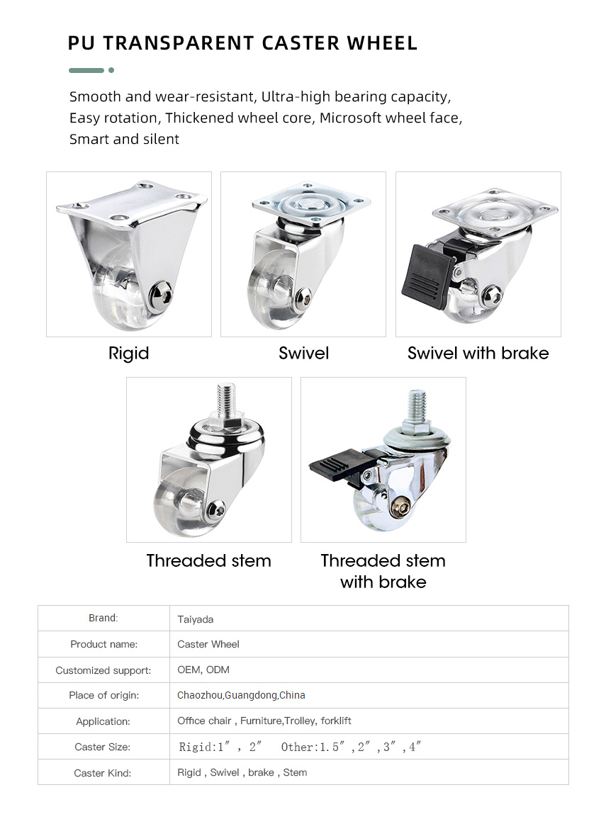 TYD 1.5'' 2 inch 3 inch PU Transparent caster wheel with swivel/fixed rigid/thread stem for Furniture factory