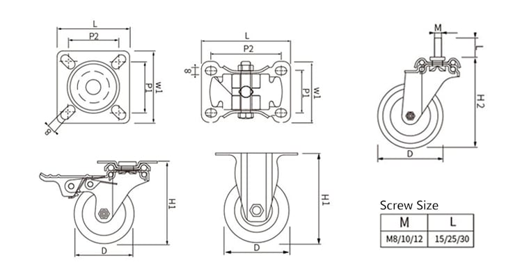 2in/50mm PU/PVC Threaded Stem Caster Wheel Thread Castor with Screw details