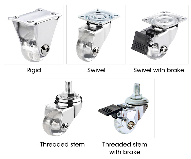 transparent caster wheel threaded stem with brake style PU caster wheel 35/50/75 mm rodizio for furniture details