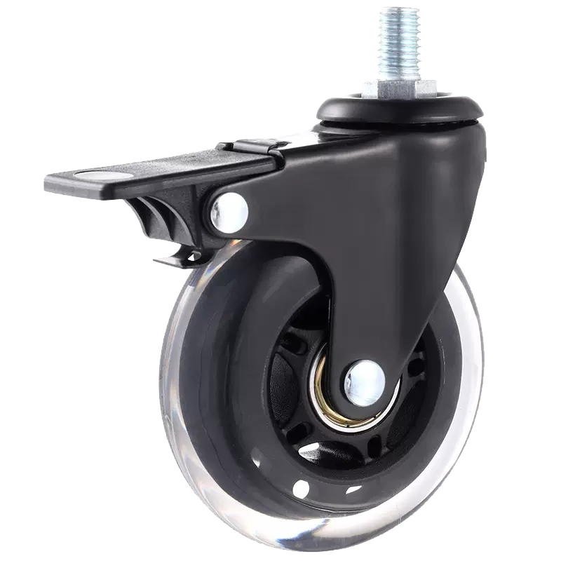 transparent caster black PU wheel with ring stem with brake 3 inch 5pcs one st for office chair manufacture