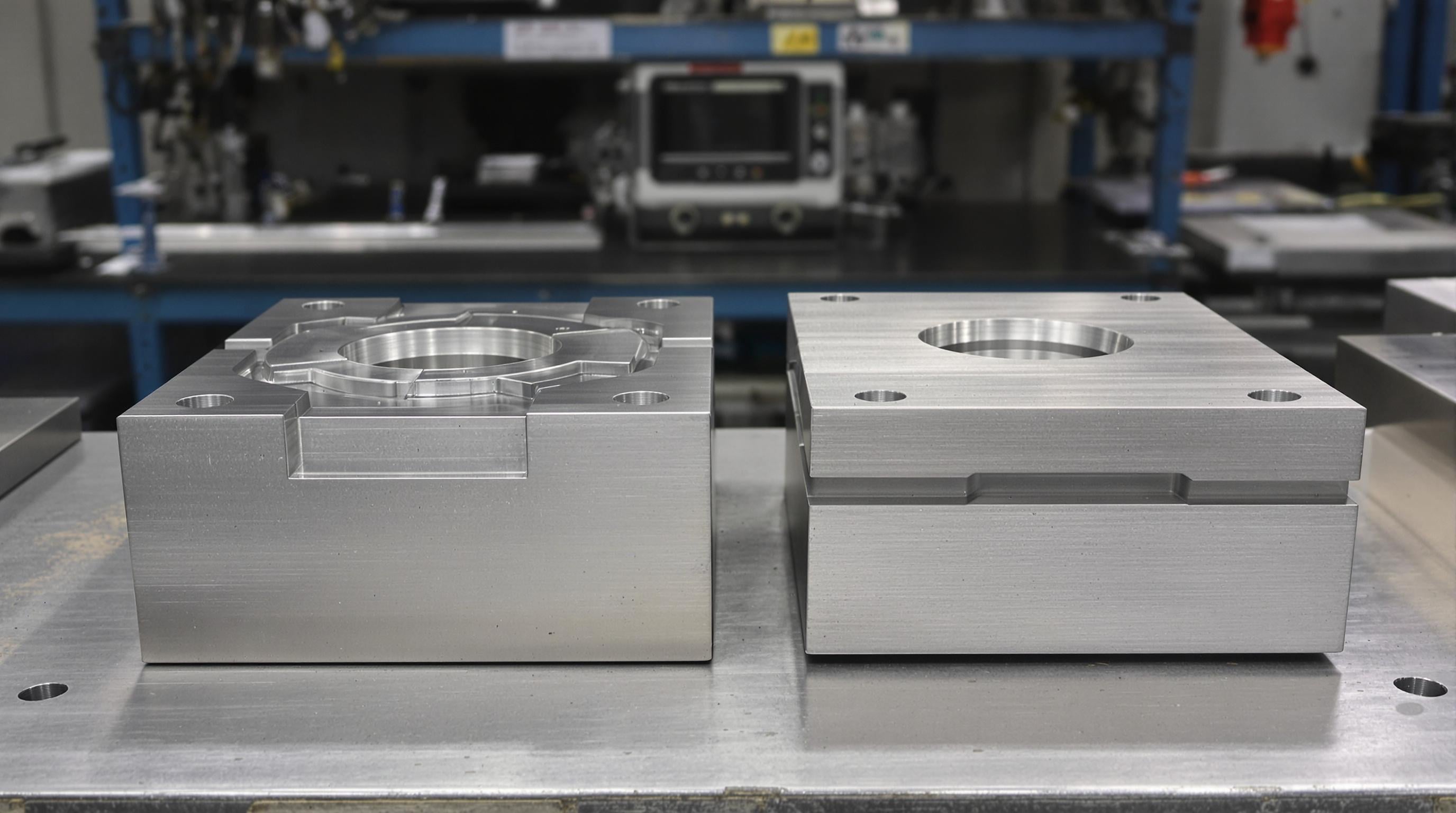 Steel and aluminum mold tool blocks side-by-side on a workbench highlighting differences in material