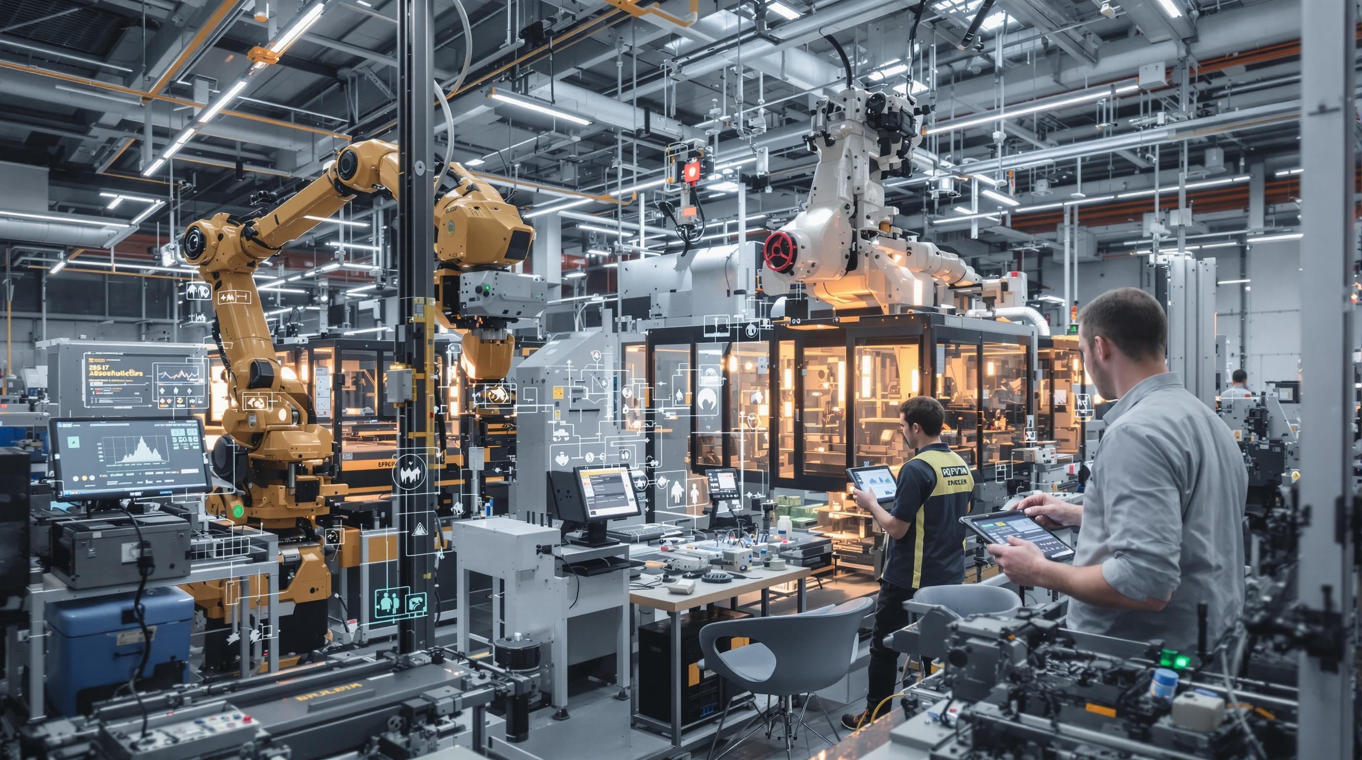 Smart factory floor with automated moulding machines and engineers using real-time analytics devices