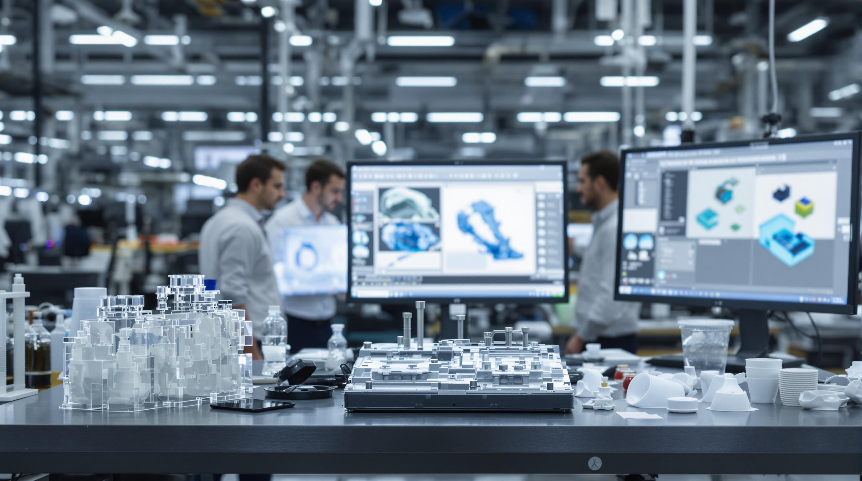 Engineers working with 3D printed prototypes and moulds in a collaborative workspace