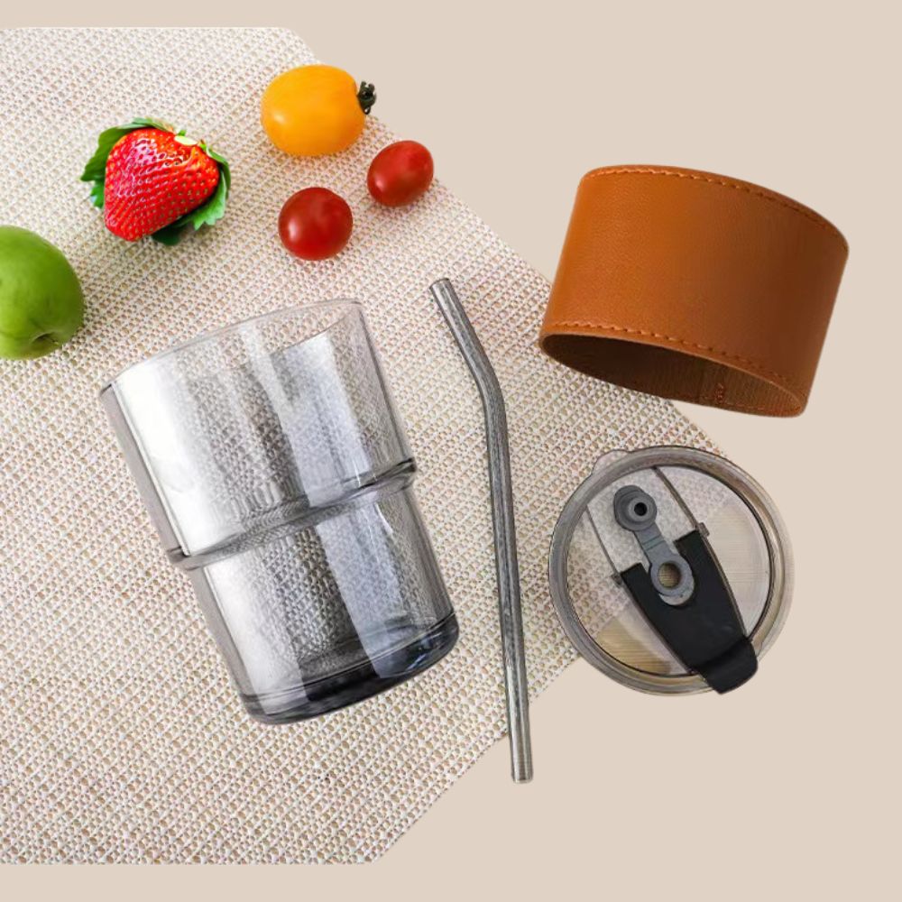 Wholesale Hot 15oz Custom Logo Clear Printed Glass Straw Coffee Mugs Custom Milk Leather Case Drinking Cup with Lip and Straw details