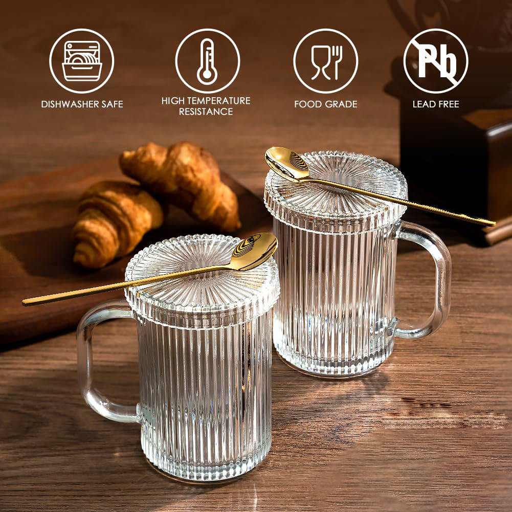 Clear Coffee Mugs Elegant Design Clear Glass Coffee Cups Vintage Vertically Striped Tea Mug Classic Tea Cup with Handle and Lid details